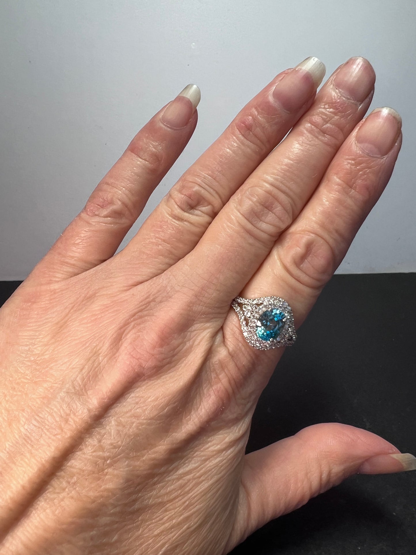 10k white gold blue topaz and white zircon double halo ring size 9