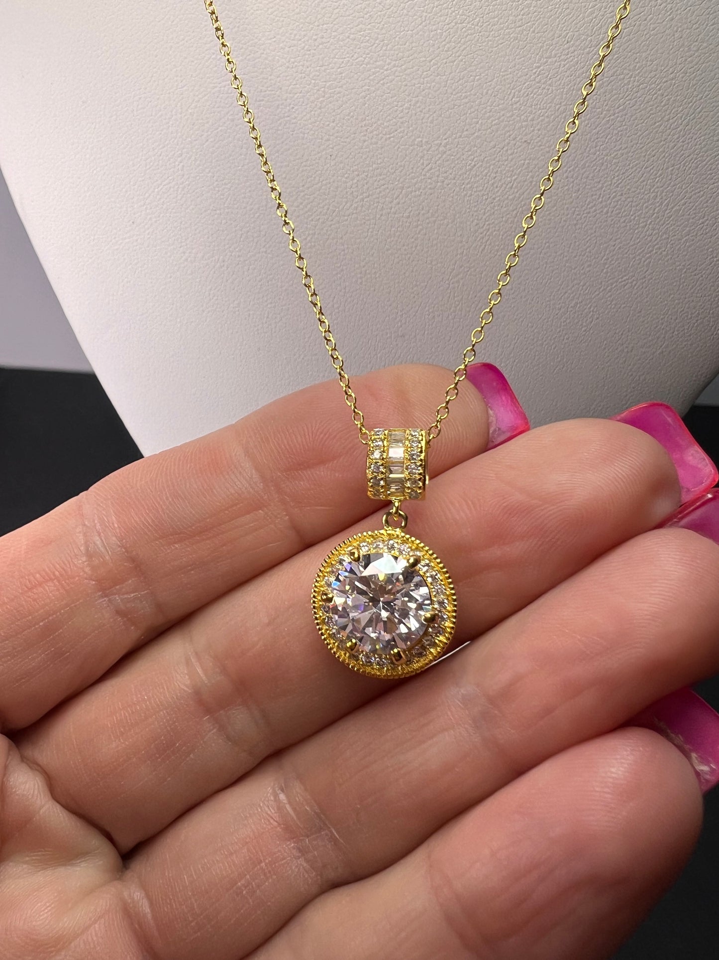 Signed FZN gold over Sterling CZ halo pendant and chain necklace