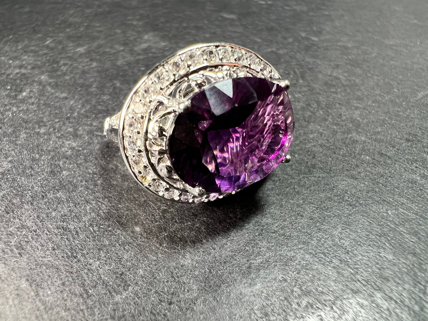 Sterling Silver Purple Fluorite & White Topaz Halo Ring Size 6