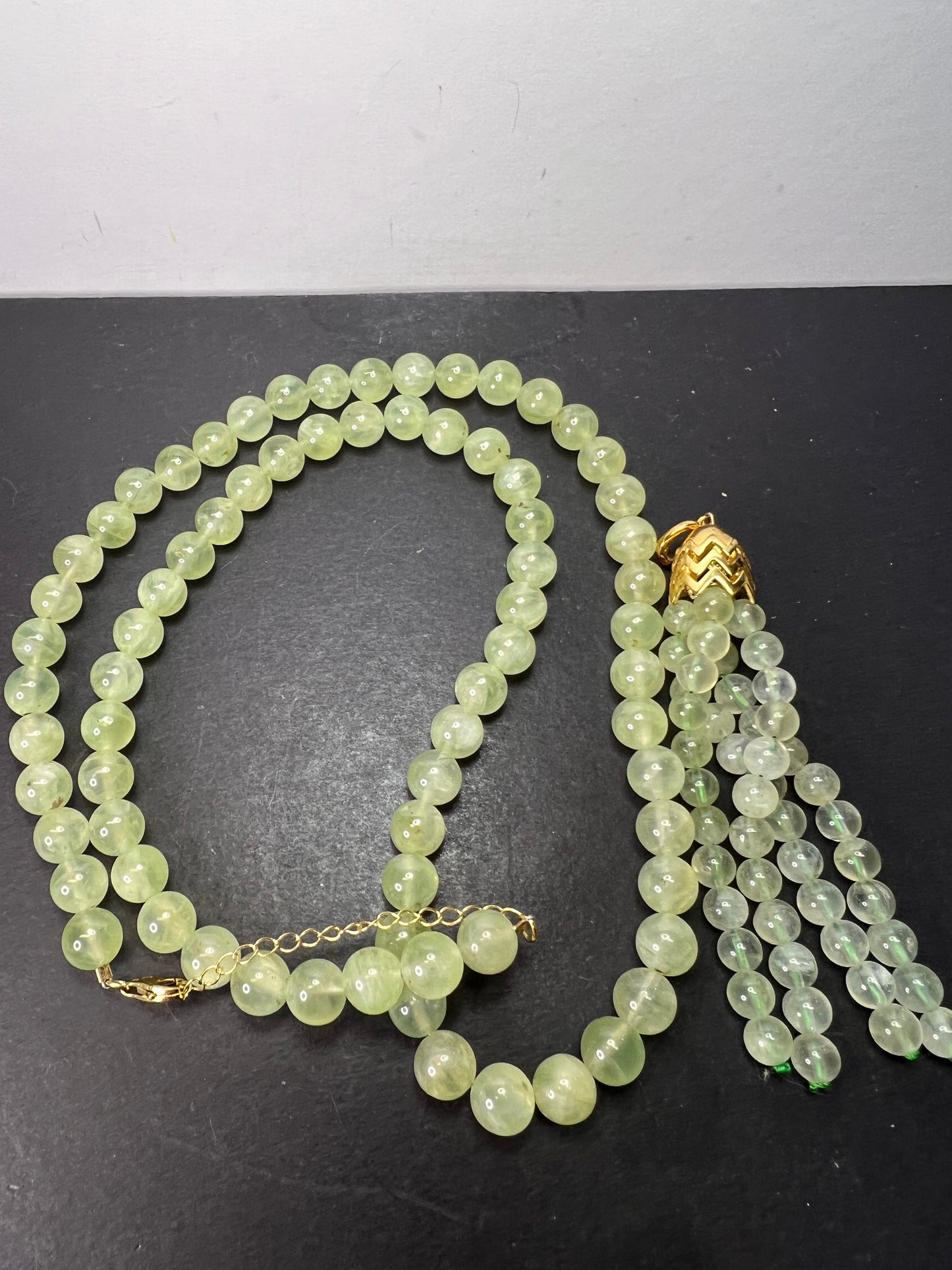 Prehnite beaded 24 inch necklace with removable tassel pendant and gold over sterling silver lobster clasp and extender