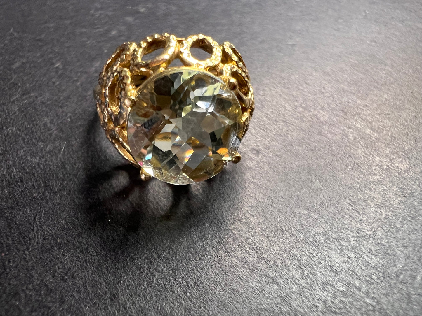 Vintage 10K Yellow Gold Prasiolite (Green Amethyst) Filigree Statement Ring Size 7