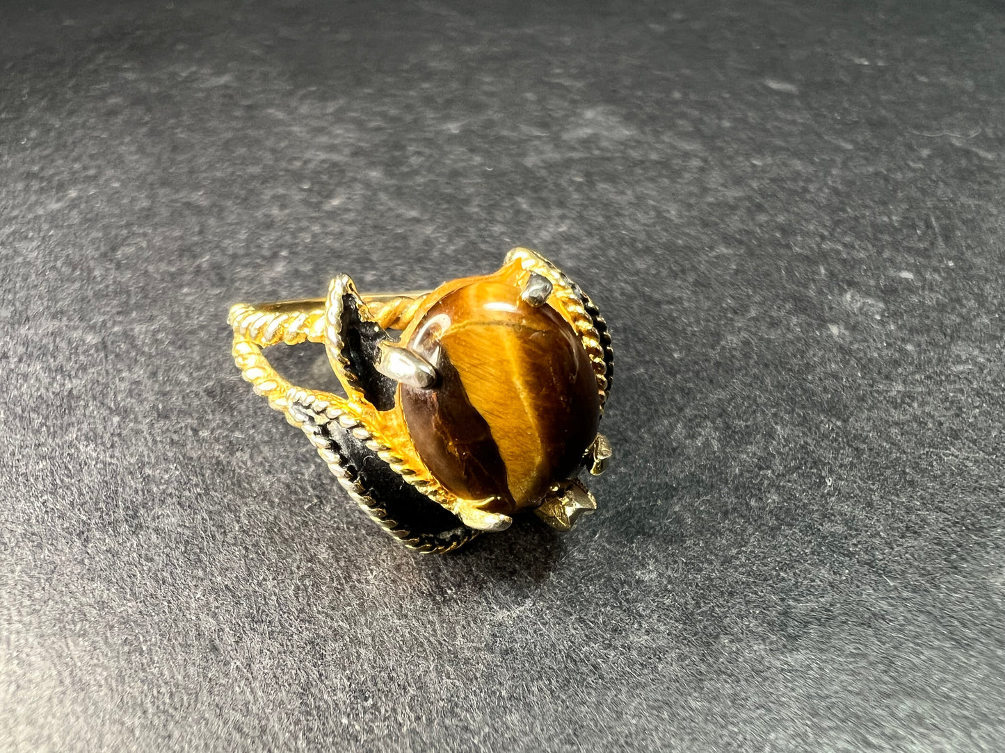 Vintage Espo Tiger’s Eye Ring Size 7.5 18K HGF Gold Filled Statement