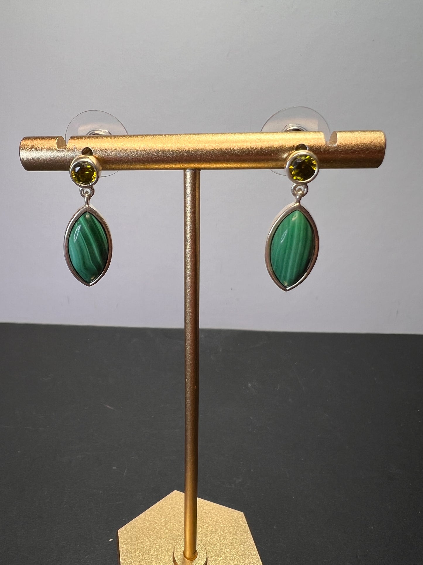 Malachite and olive CZ sterling silver marquise drop earrings