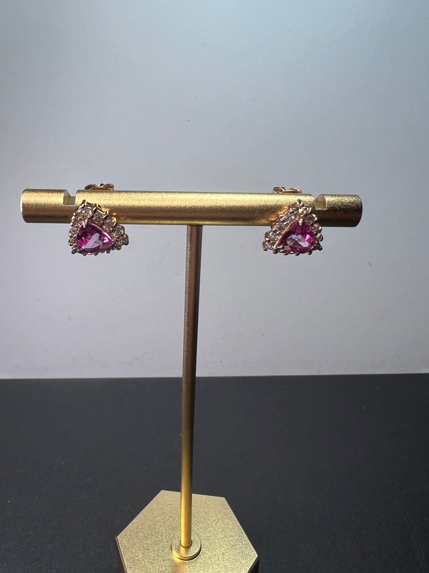 Pink topaz and zircon halo stud earrings in 18k rose gold over sterling silver