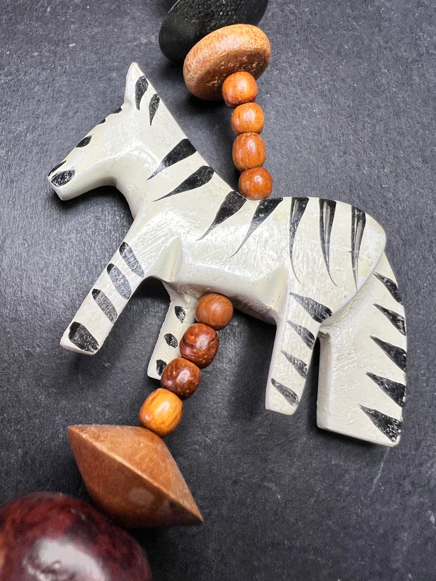 Vintage Carved Animal Wood Bead Statement Necklace 30”