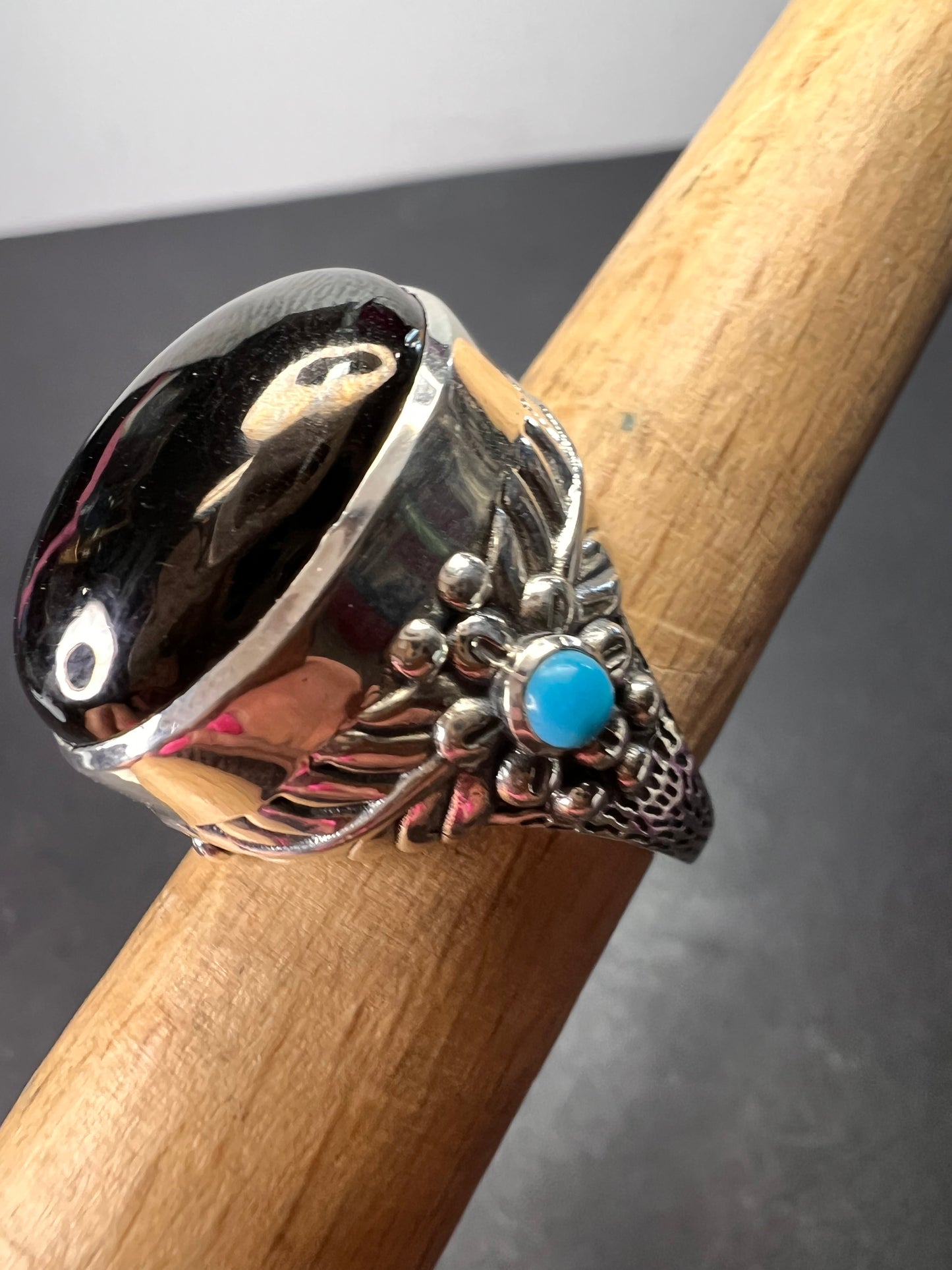 Elite shungite and sleeping beauty turquoise southwest style feather ring in sterling silver size 7 *NEW*