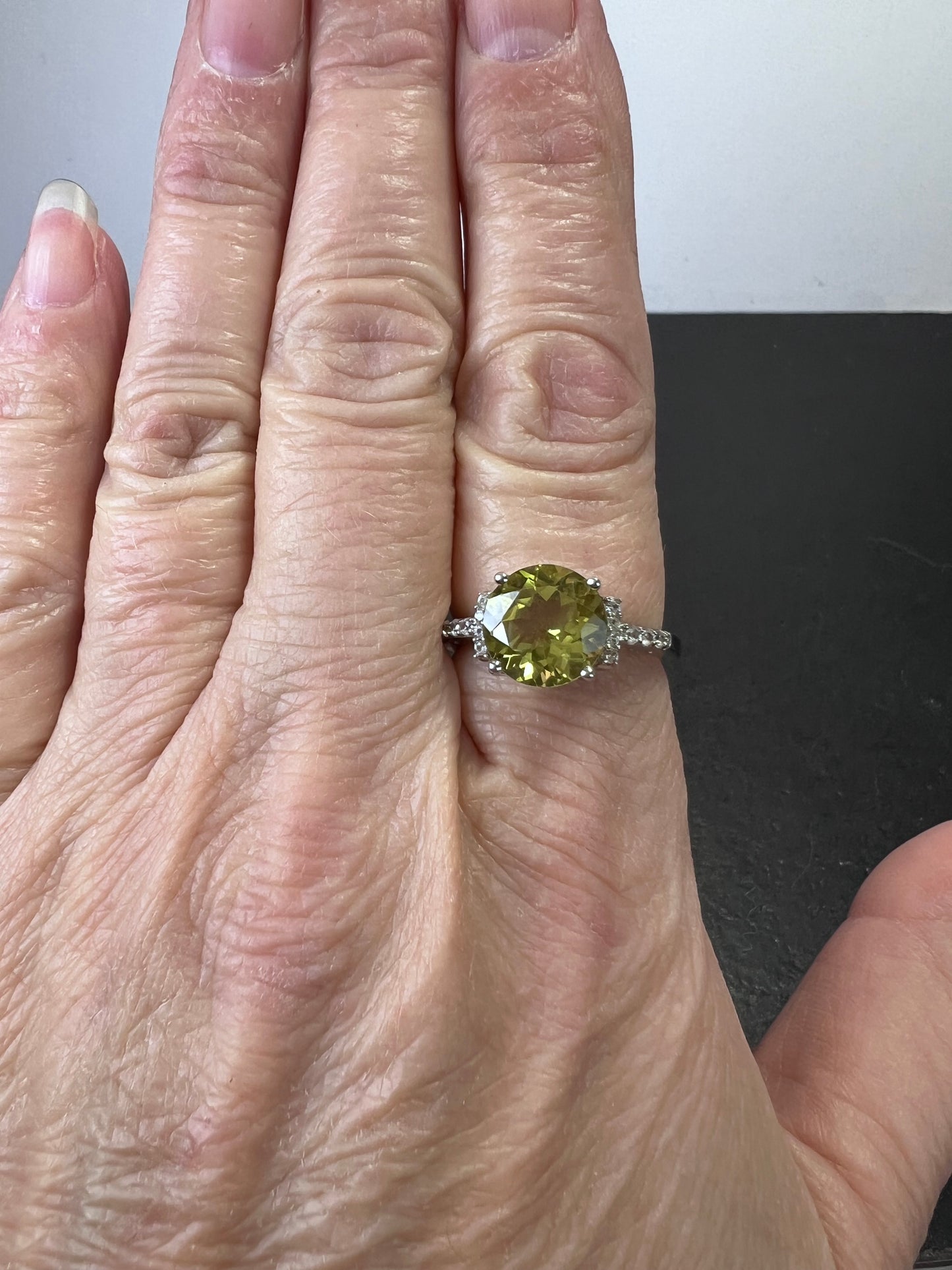 Ouro verde / lemon Quartz and white zircon sterling ring size 9