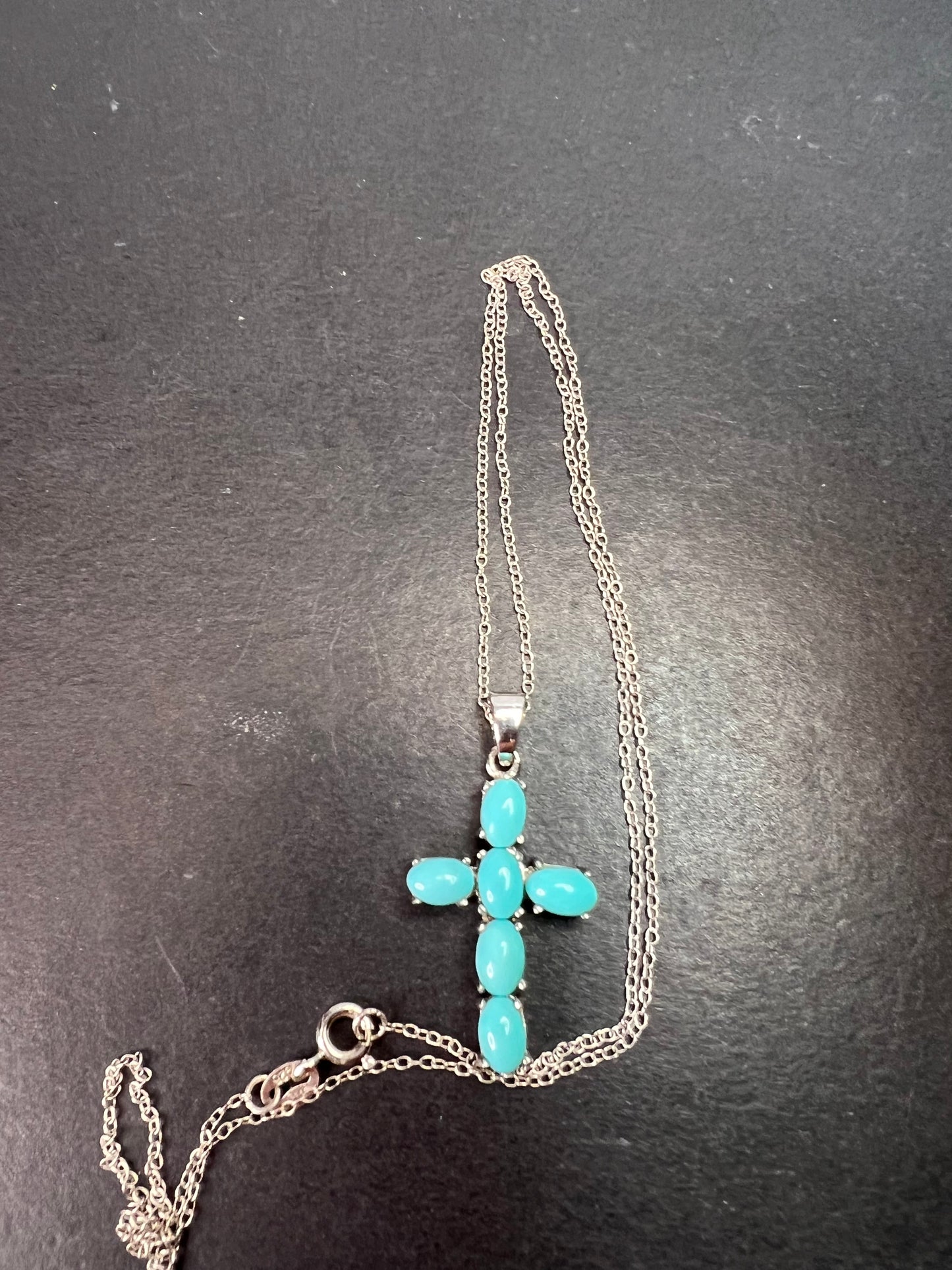 Sleeping Beauty turquoise cross pendant and chain  in rhodium over sterling silver necklace