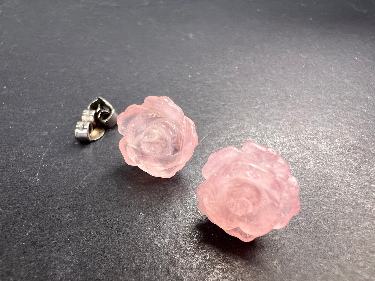 Rose quartz carved roses stud earrings with sterling silver posts