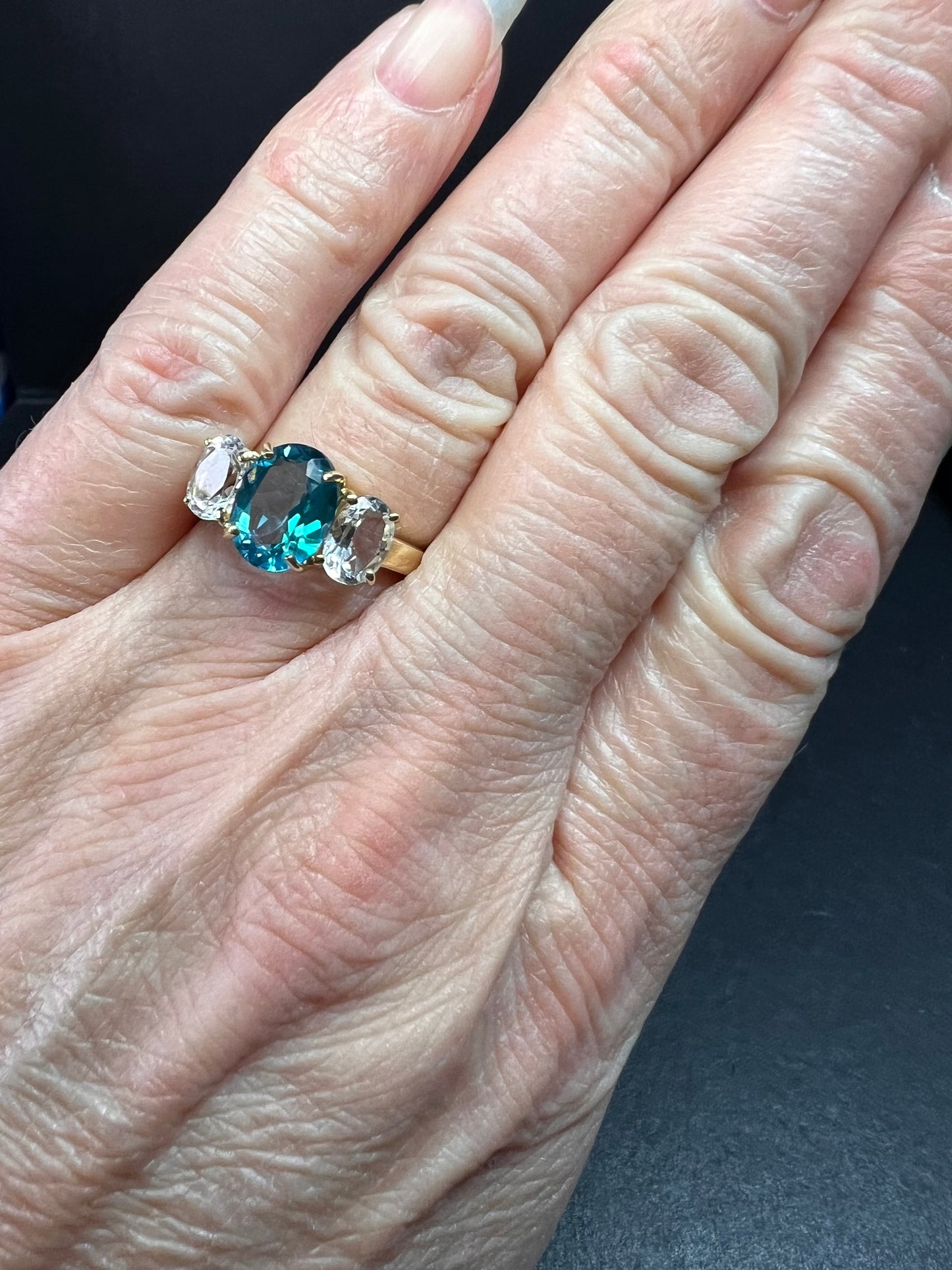 Vintage 10K Yellow Gold Blue Topaz & White Topaz Three-Stone Ring – Size 7