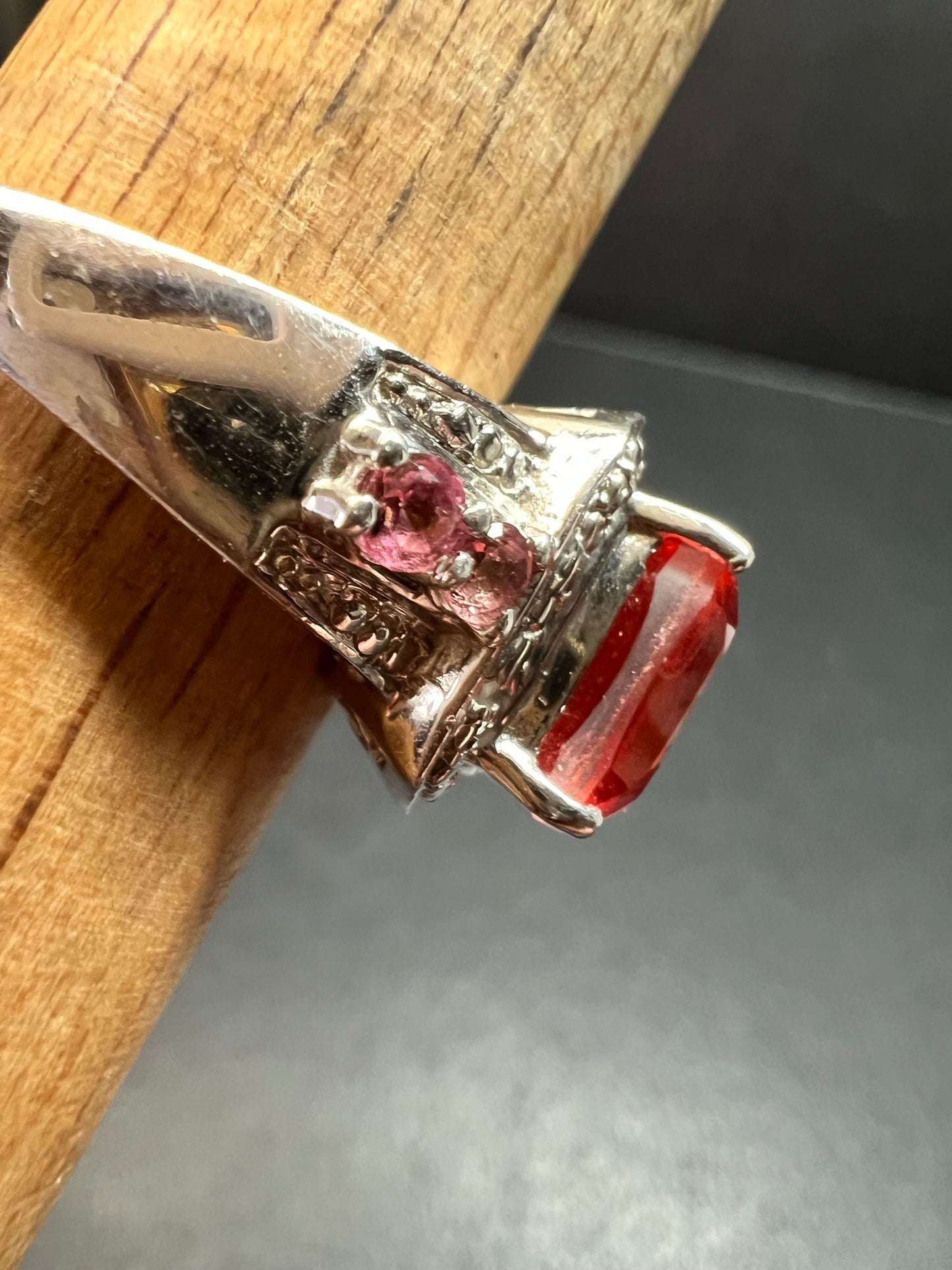 Sterling Silver Peach Red Quartz Doublet & Pink Tourmaline Ring 8.75