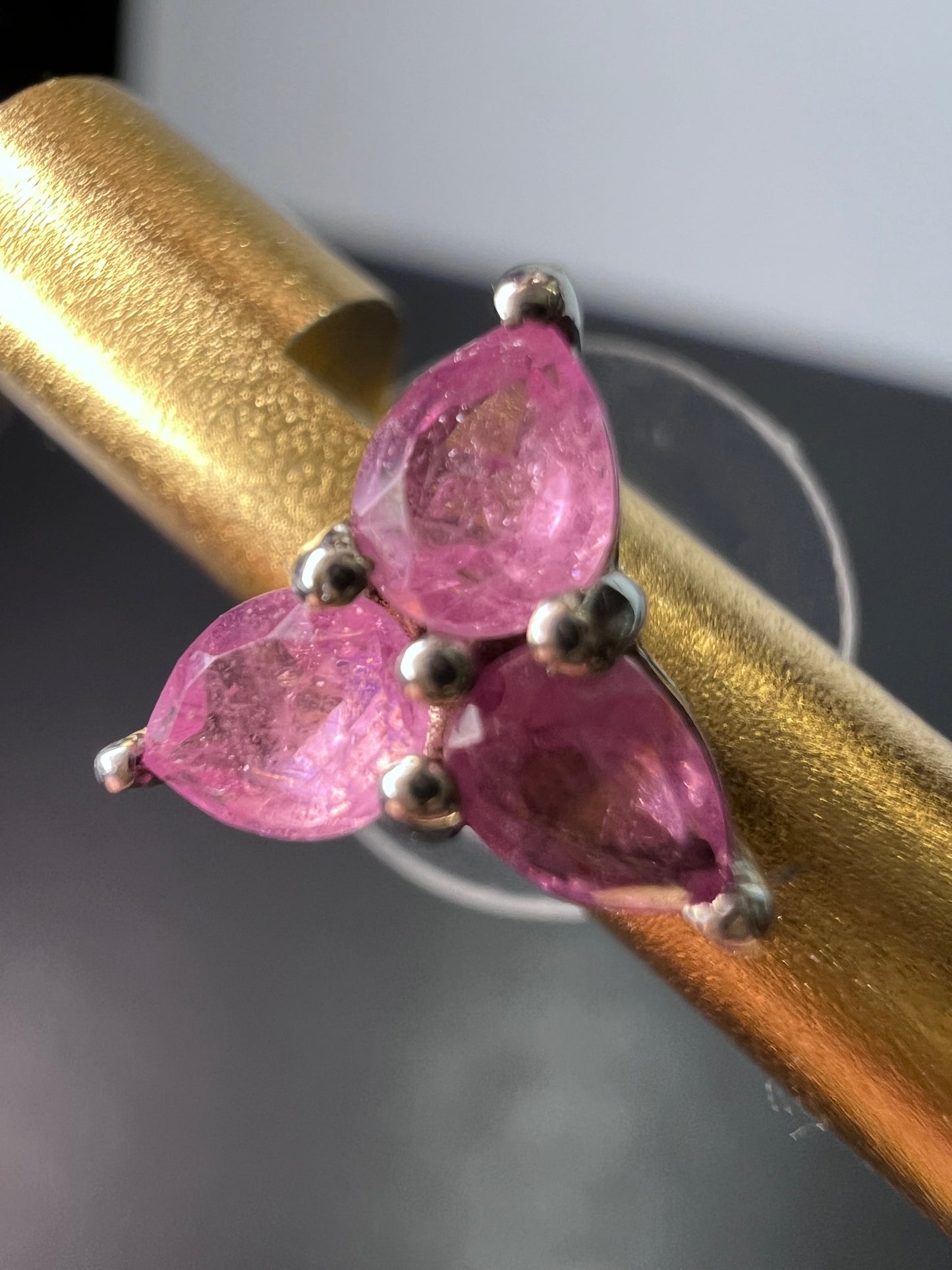 Pink sapphire triple stone sterling silver stud earrings