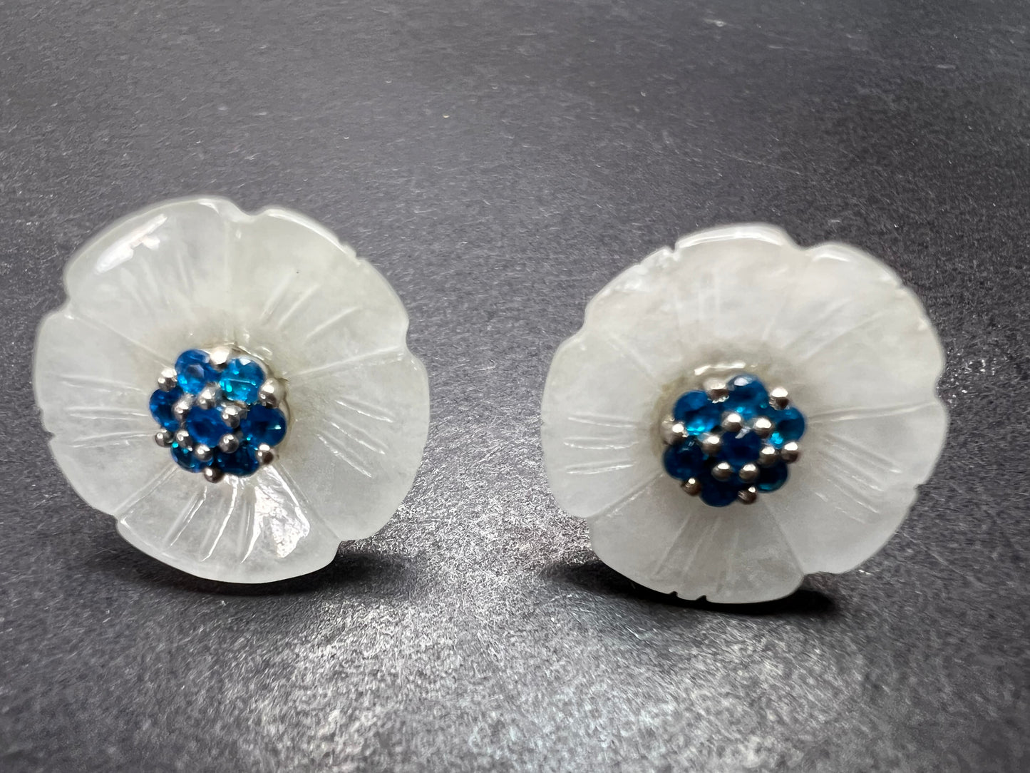 White Jade and neon blue apatite flower earrings in sterling silver