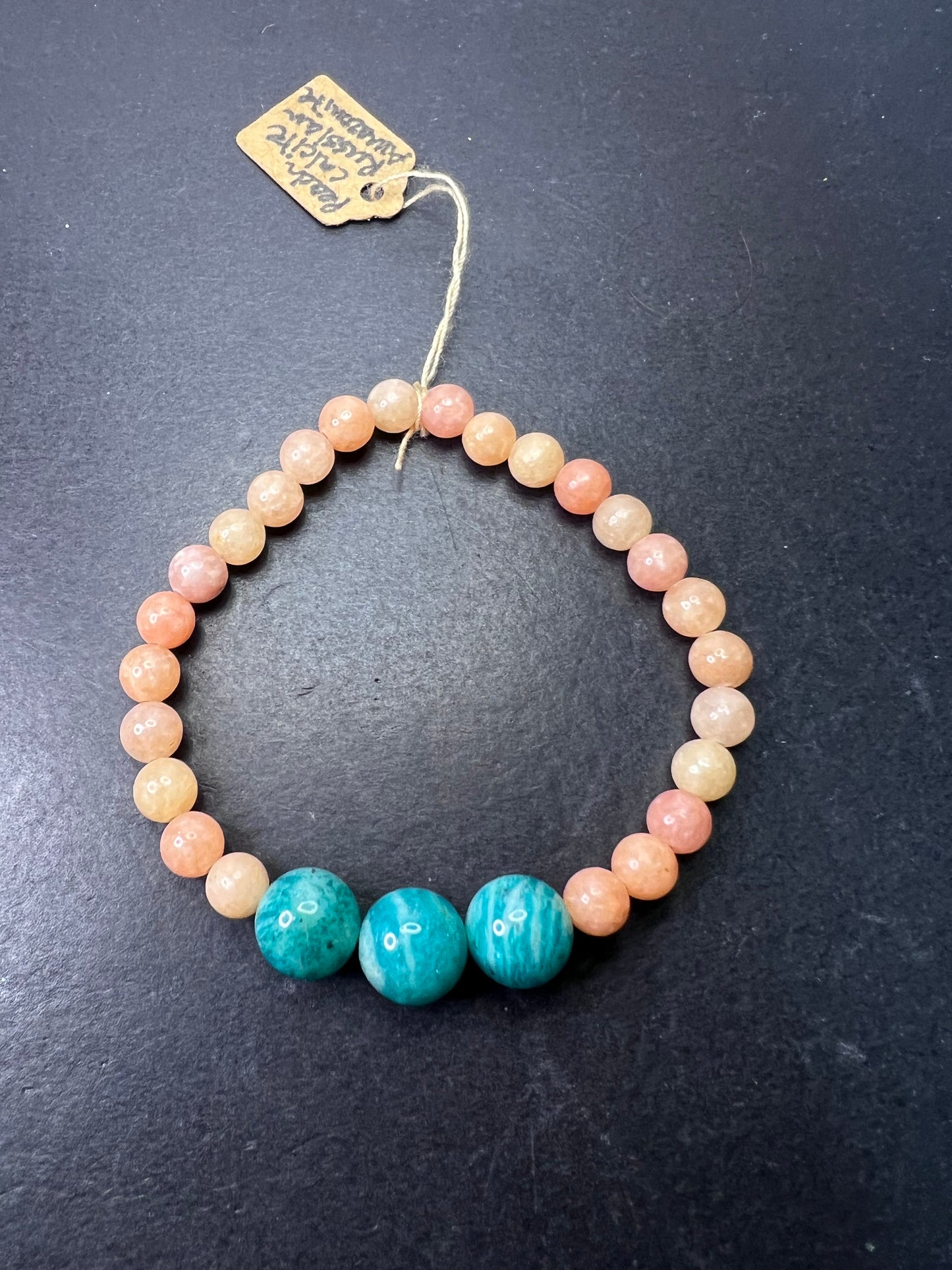 Peach calcite and Russian amazonite stretch bracelet 7 inch