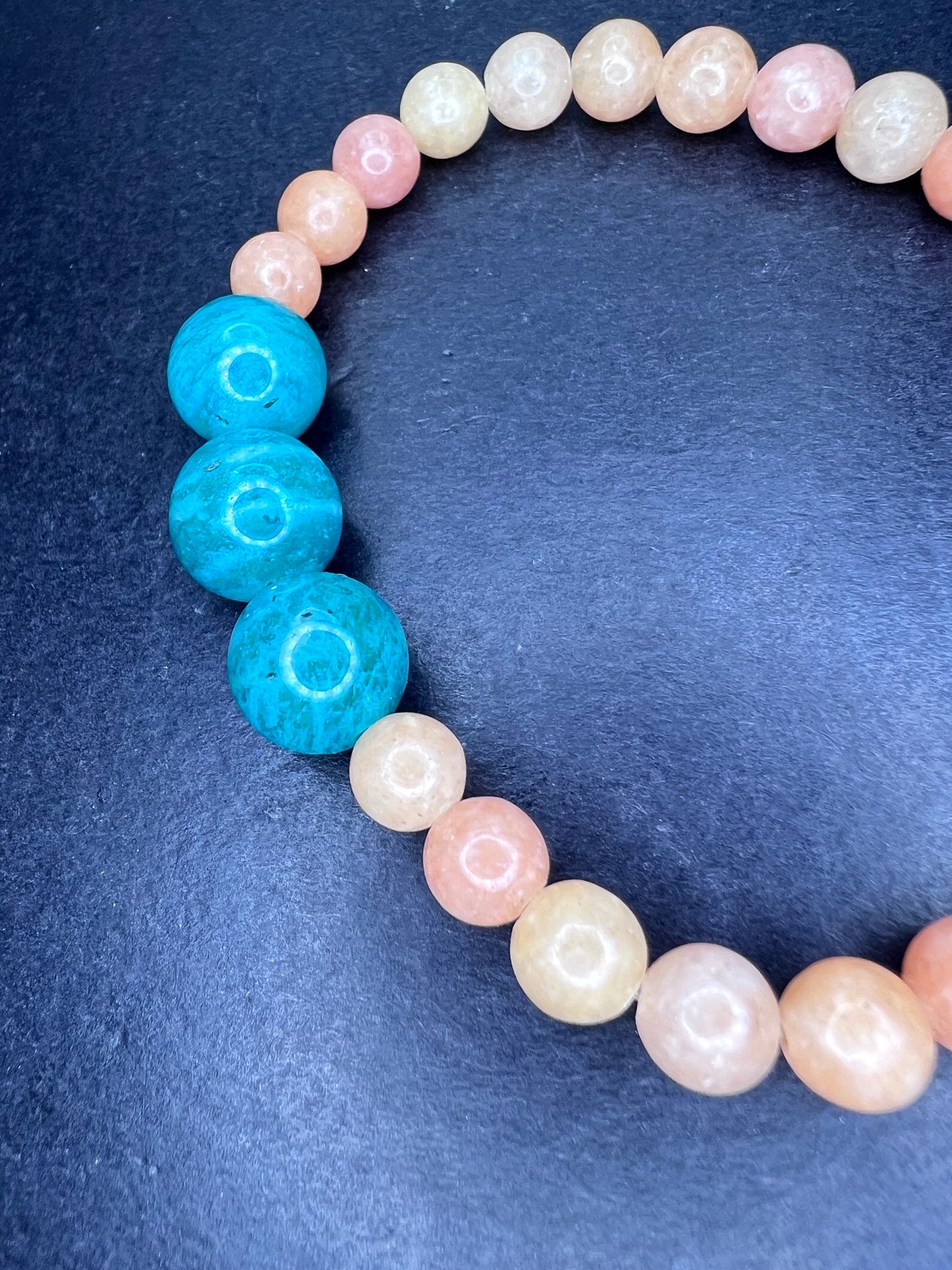 Peach calcite and Russian amazonite stretch bracelet 7 inch