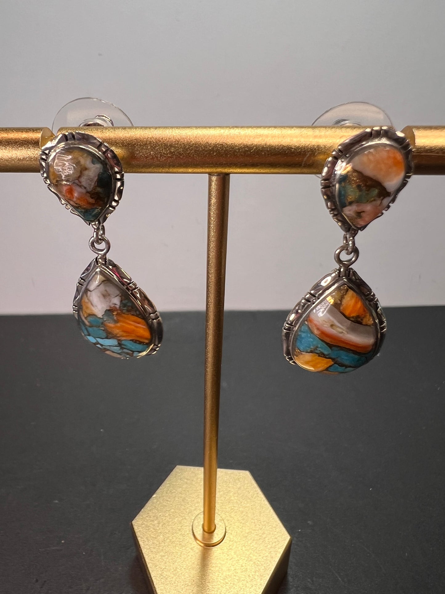 Southwest style blended turquoise and spiny oyster sterling silver teardrop earrings *NEW*