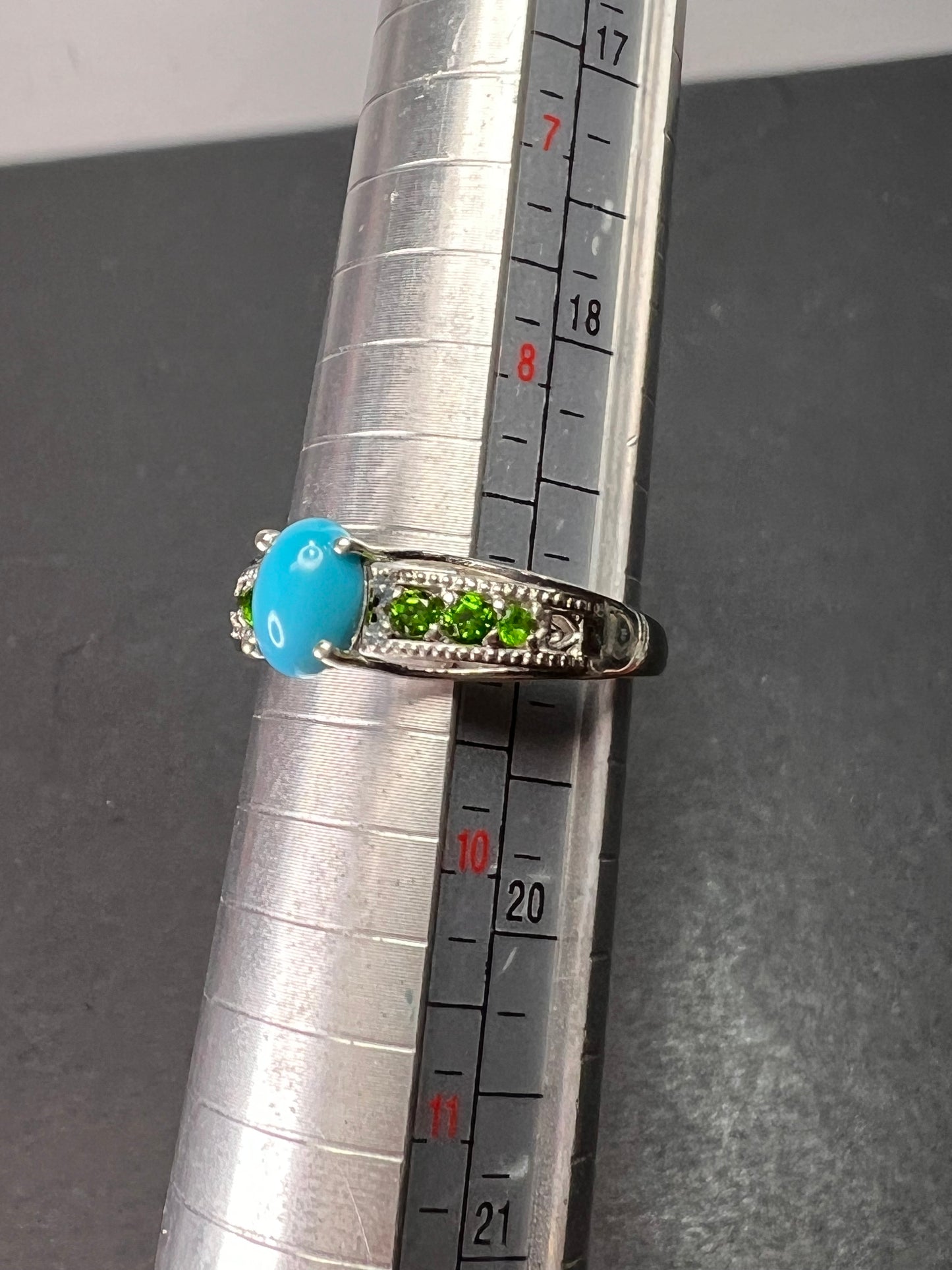 Sleeping Beauty turquoise and chrome diopside sterling silver ring size 9