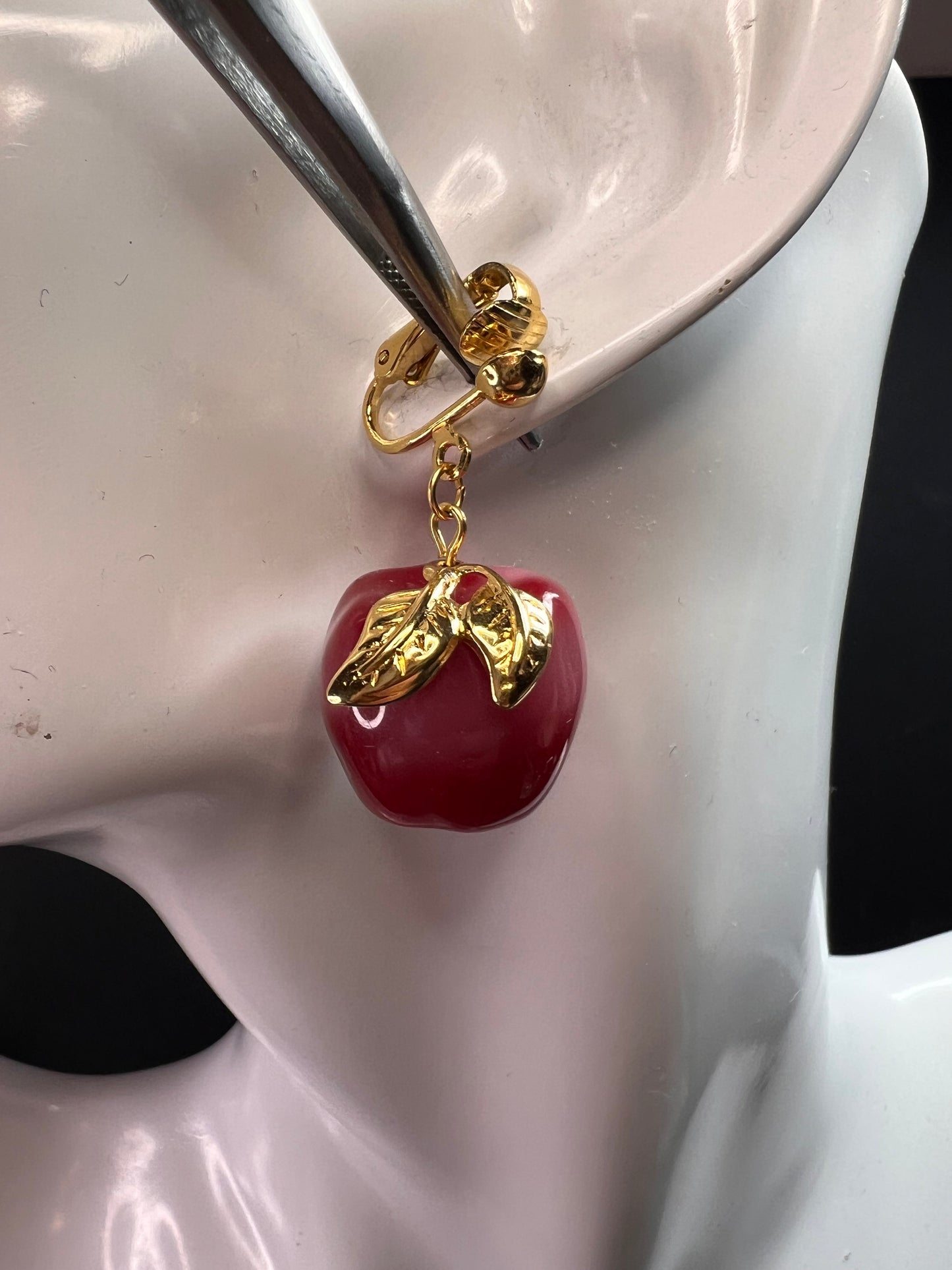 Avon "Apple A Day" Vintage Clip Earrings | Red Lucite Dangle Costume Jewelry