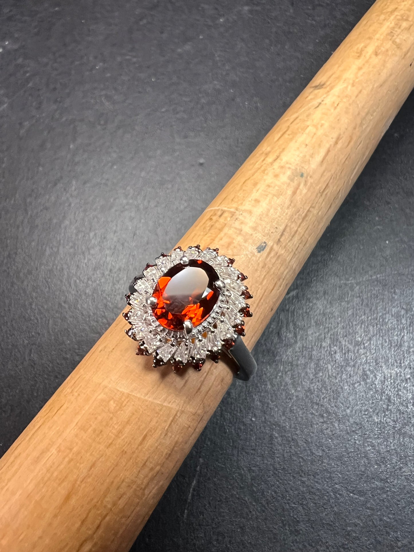 NEW Cherry citrine and Moissanite halo ring in platinum over sterling silver size 8