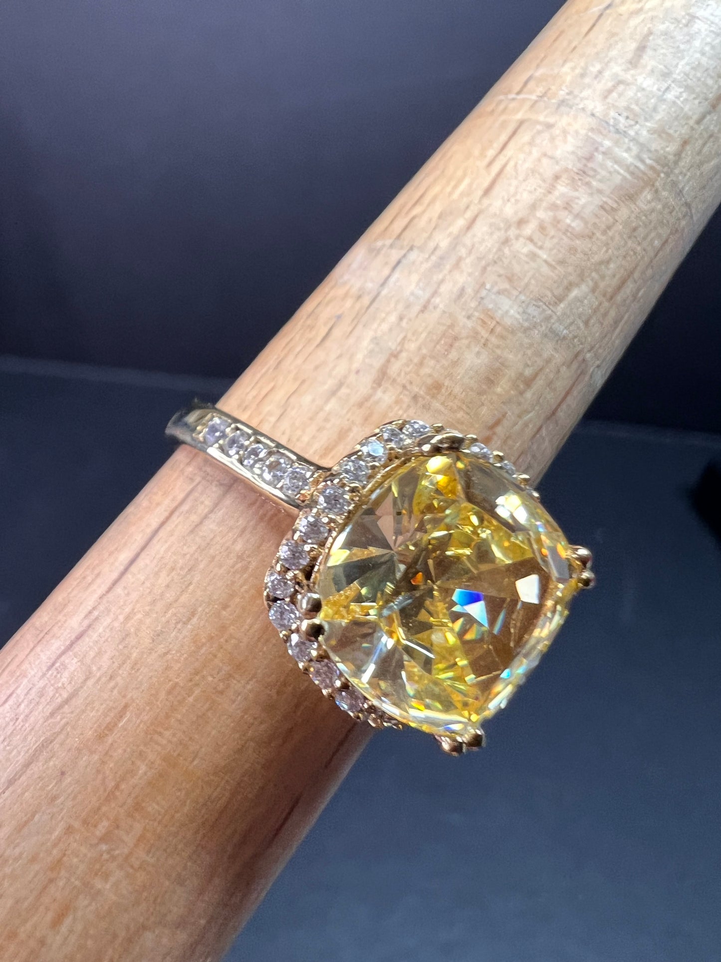 Yellow CZ halo ring in gold over sterling silver size 9