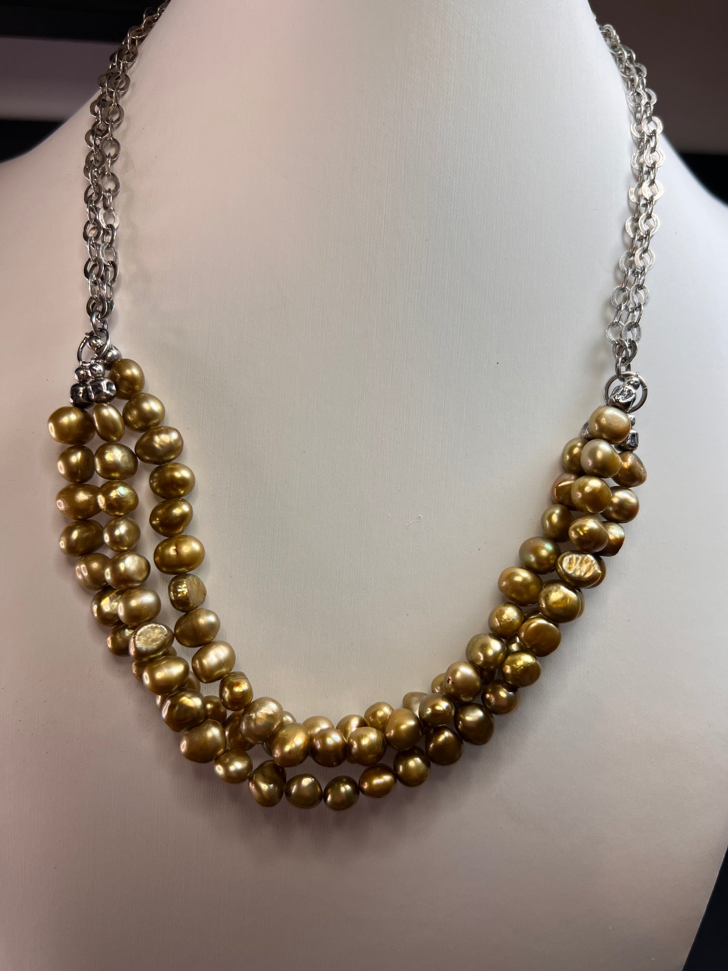 NEW golden green freshwater pearl and sterling silver necklace