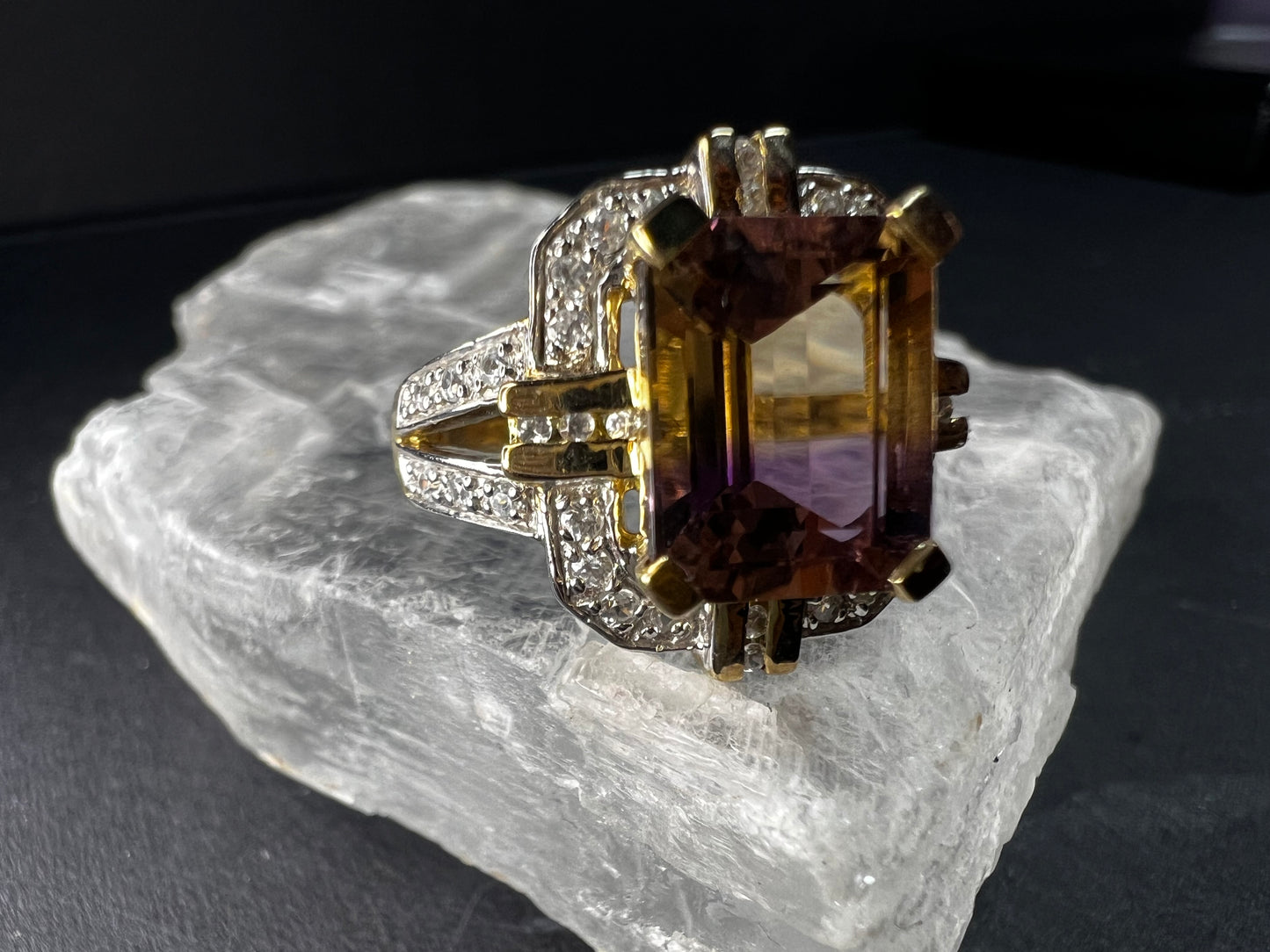 Vintage Ametrine Emerald Cut Ring Gold Over Sterling White Zircon Size 7