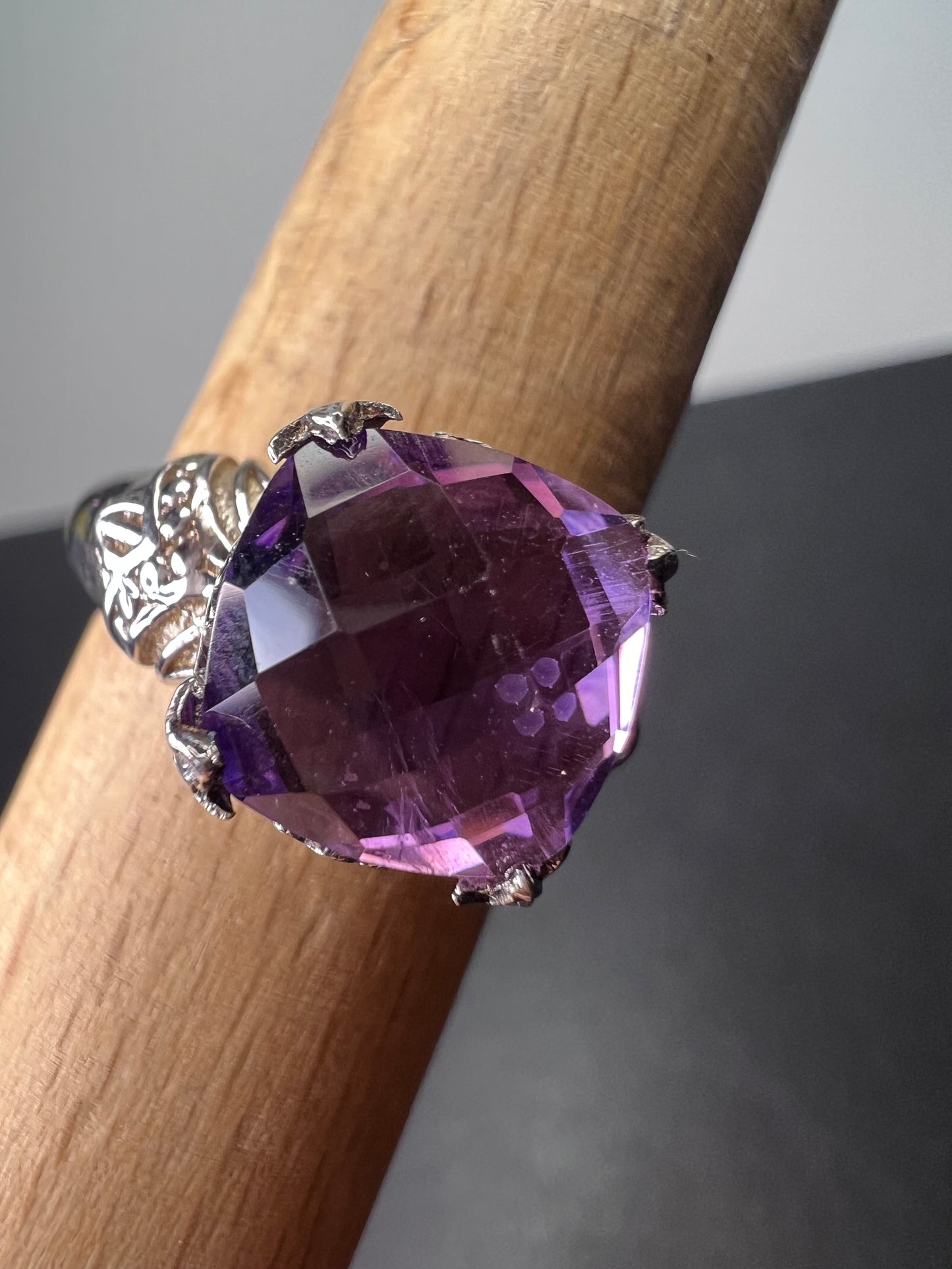 Amethyst cathedral crown setting sterling silver solitaire ring size 9