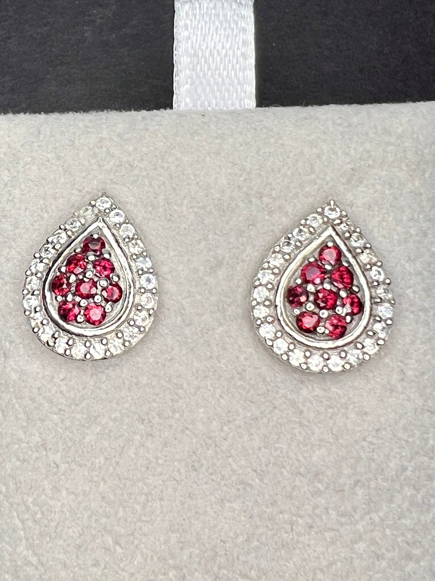 Red garnet and white topaz teardrop sterling silver post halo earrings