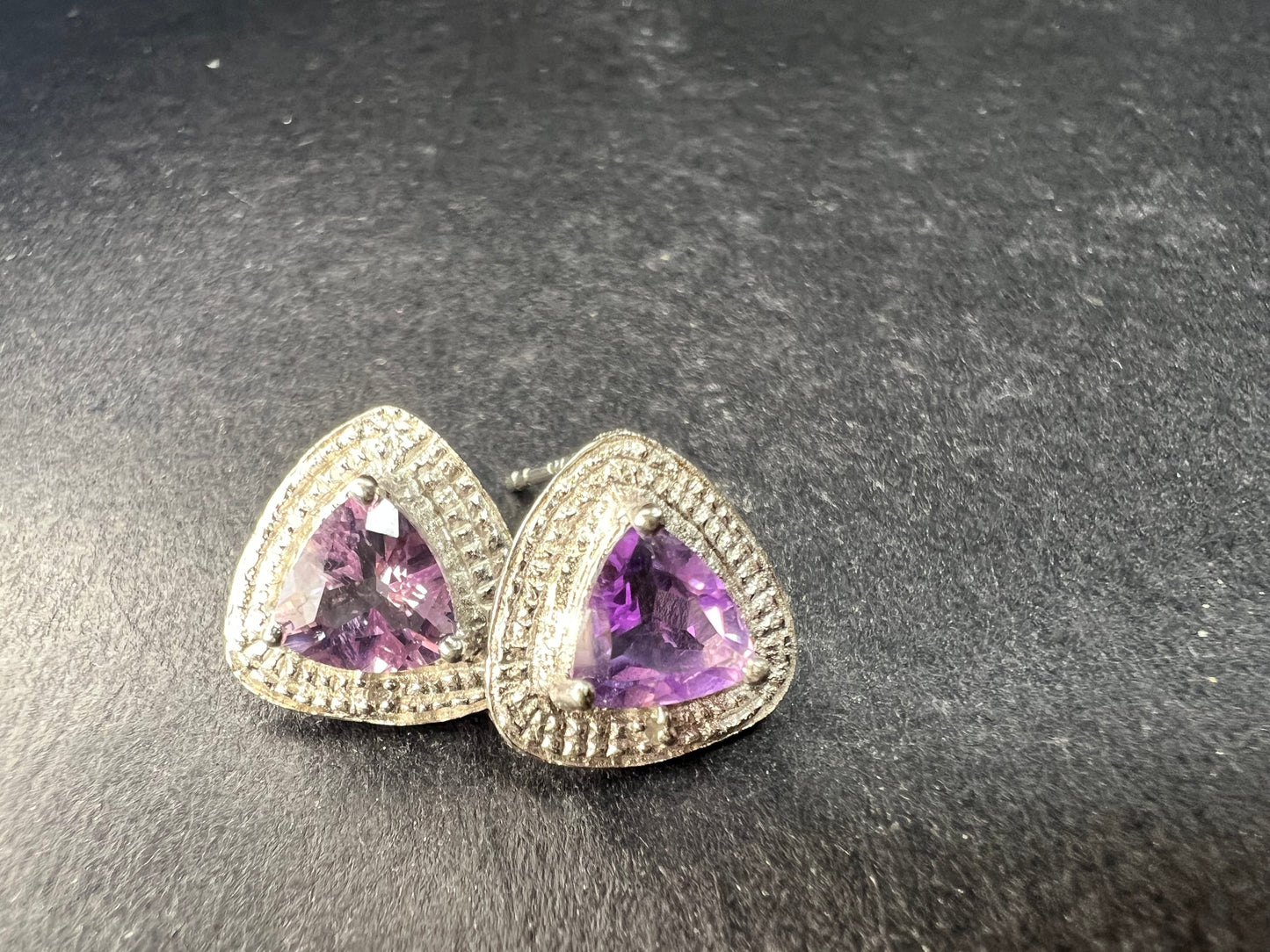 New Sterling Silver Trillion Amethyst Studs w Diamond Accents