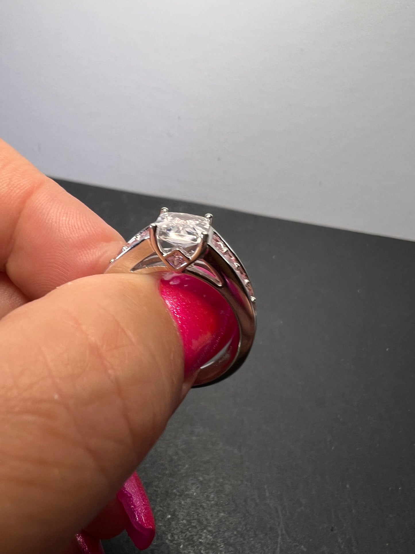 Pink and white CZ rhodium over sterling silver ring size 9