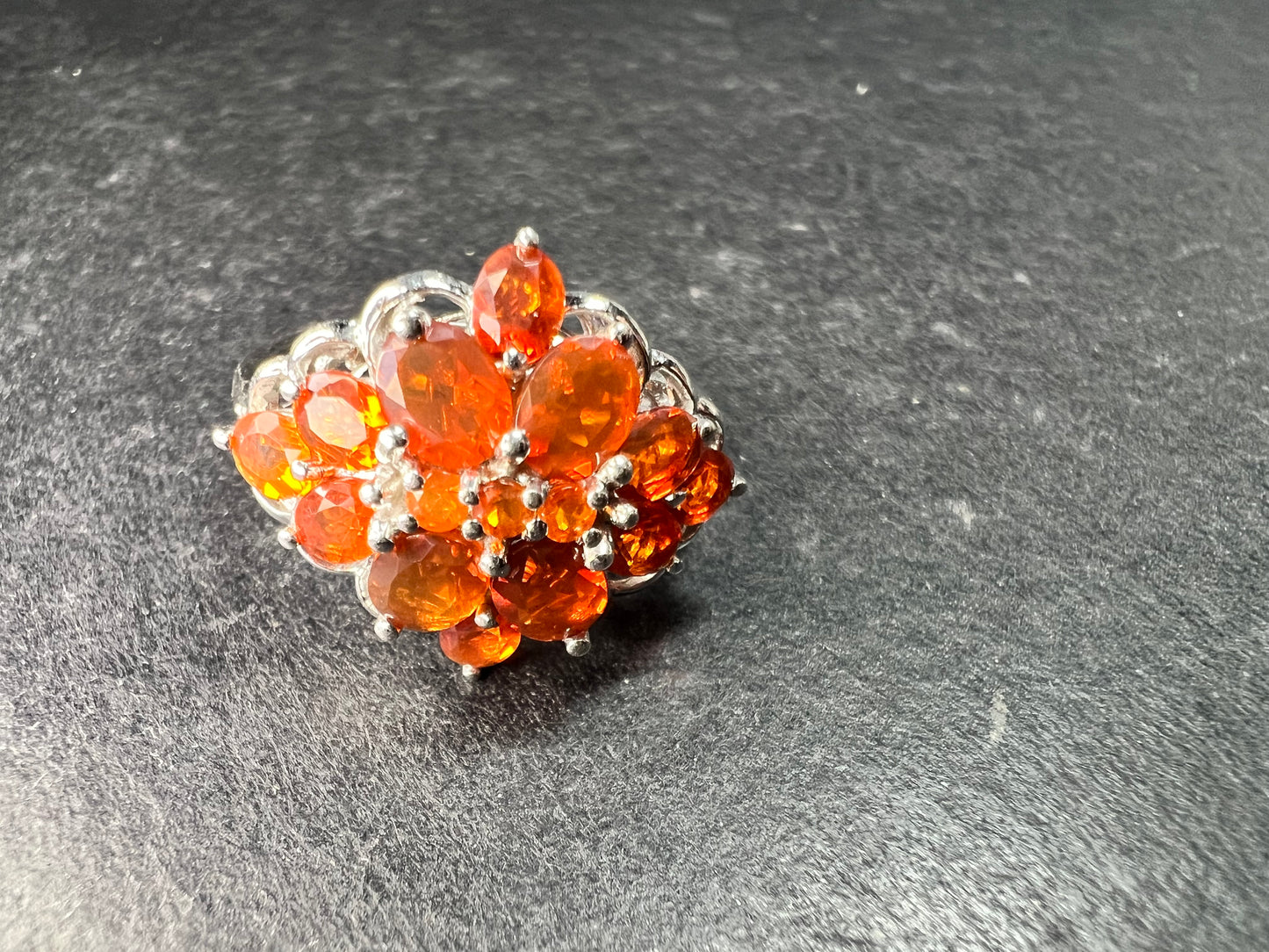 Vintage Sterling Silver Mexican Fire Opal Floral Cluster Ring Sz 9