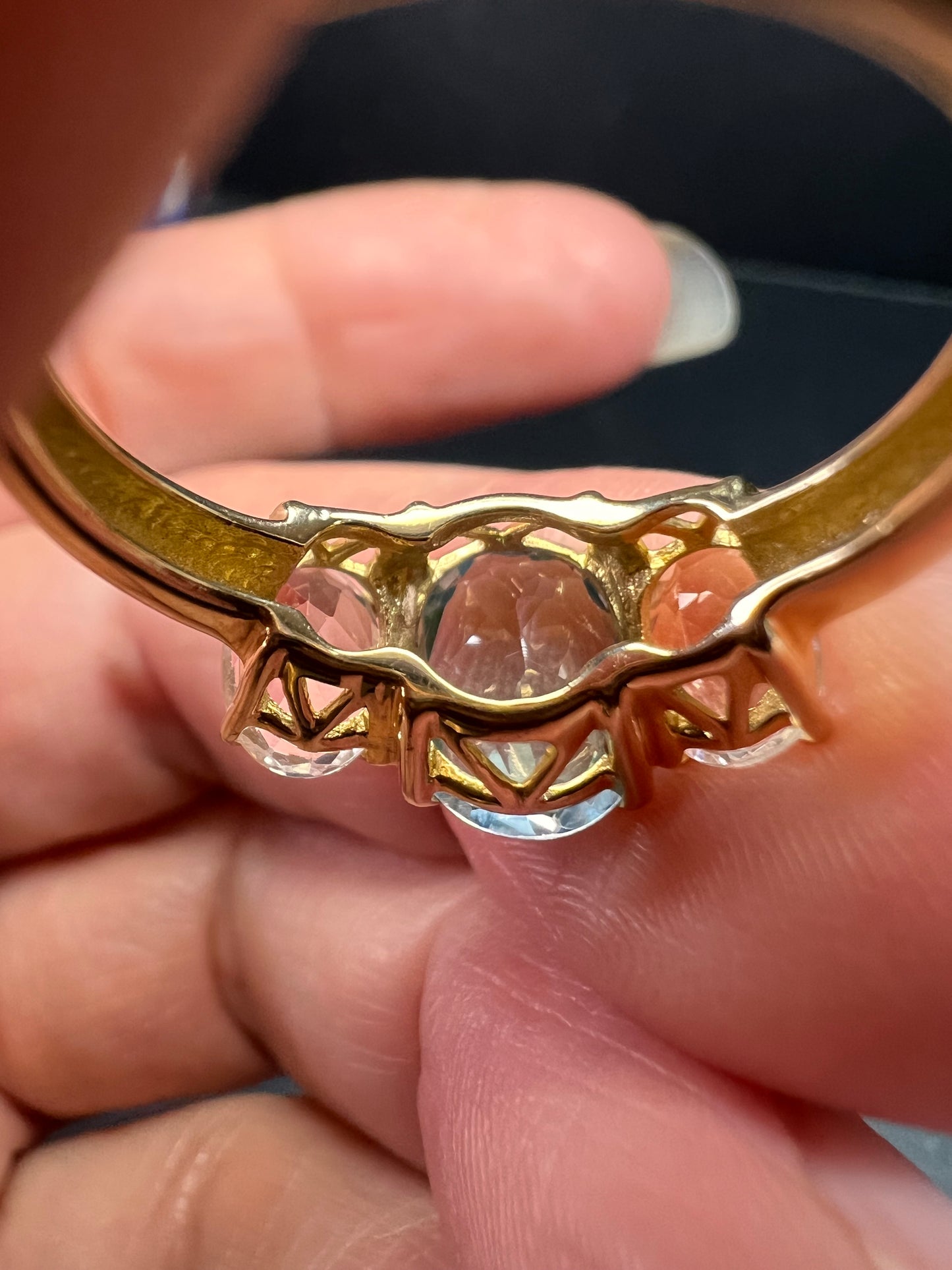 Vintage 10K Yellow Gold Blue Topaz & White Topaz Three-Stone Ring – Size 7