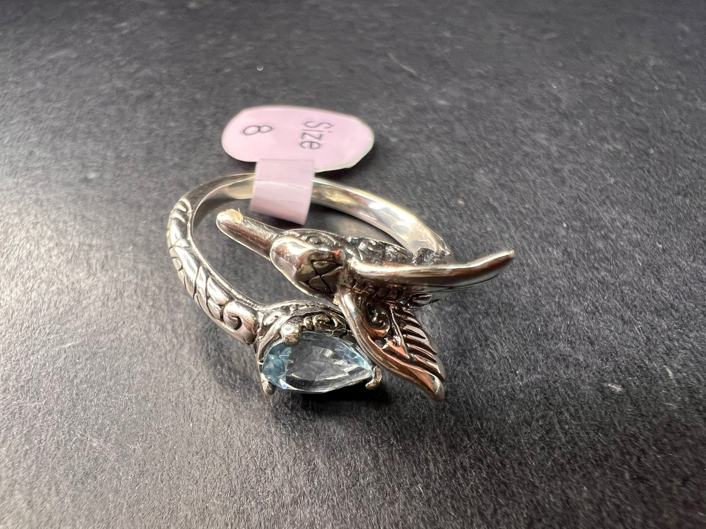 NEW Blue topaz hummingbird Bali sterling silver ring size 7