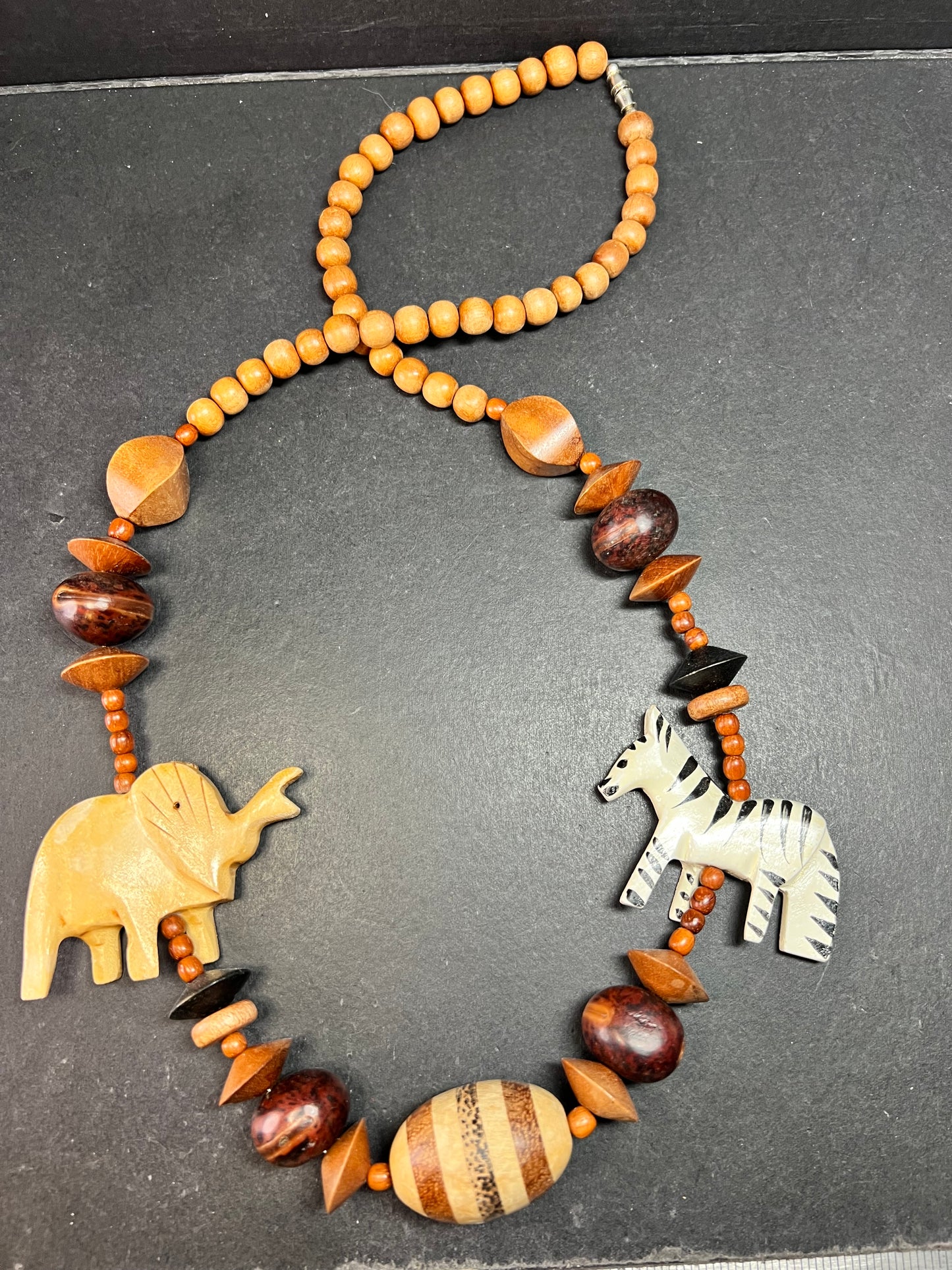Vintage Carved Animal Wood Bead Statement Necklace 30”