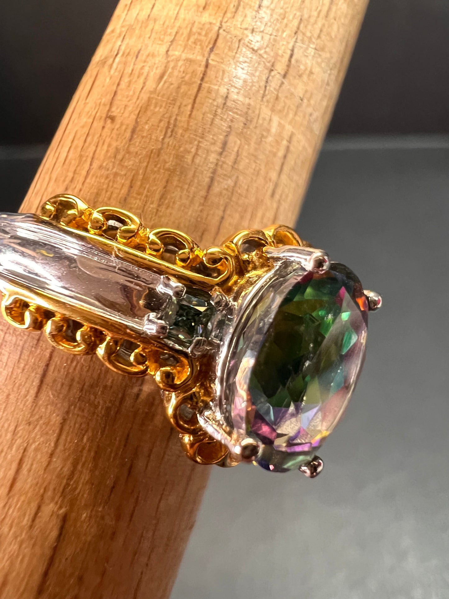 NEW green mystic topaz two toned sterling silver ring size 8