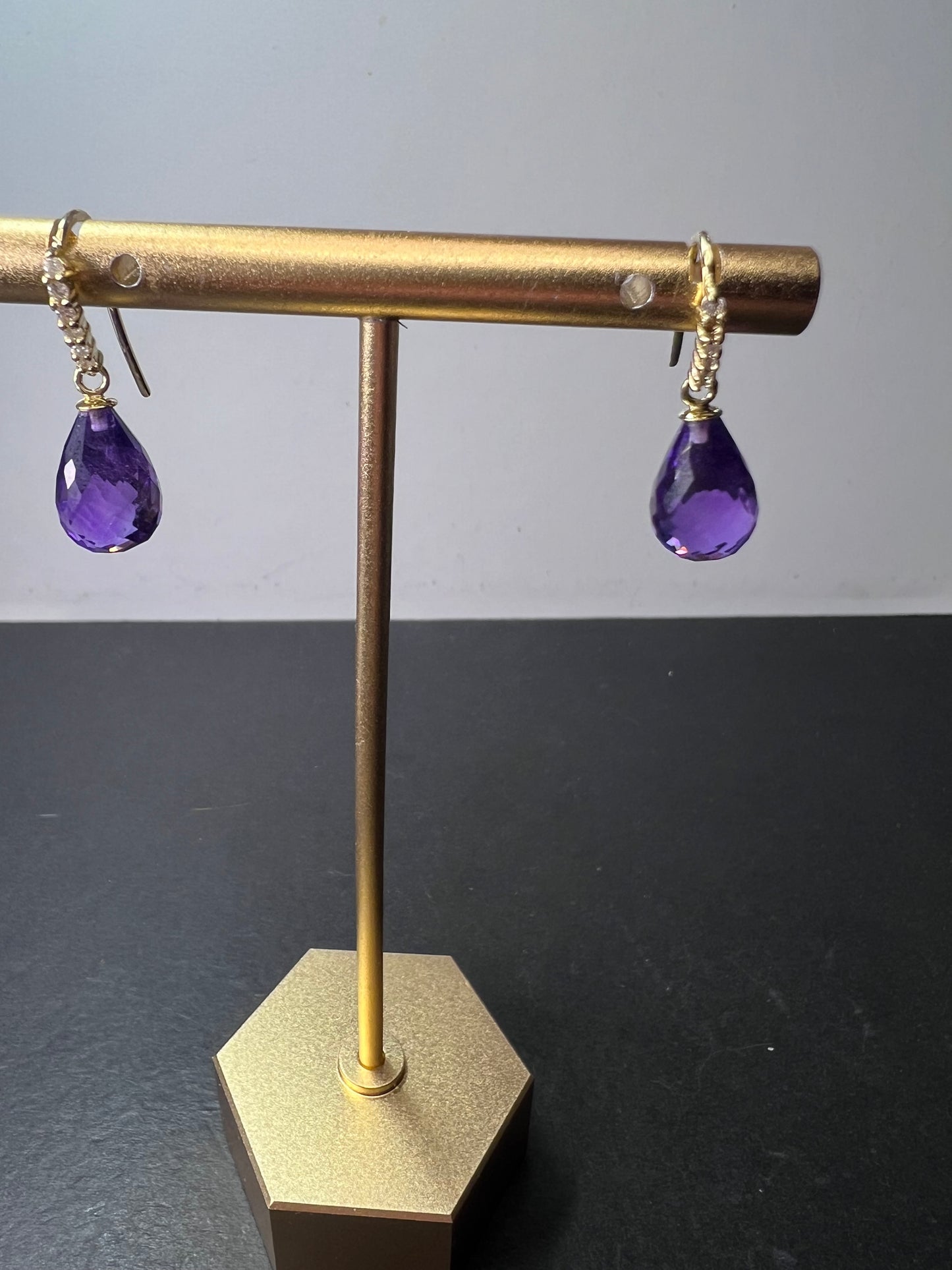 14k gold amethyst briolette and diamond dangle earrings