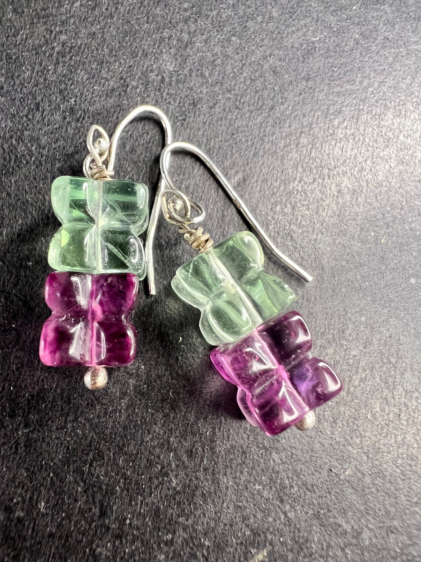Sterling Silver Carved Fluorite Flower Drop Earrings