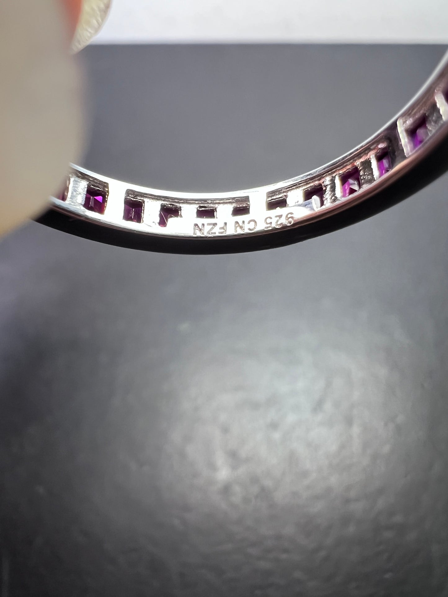 Lab pink sapphire eternity band stacker ring in sterling silver size 11