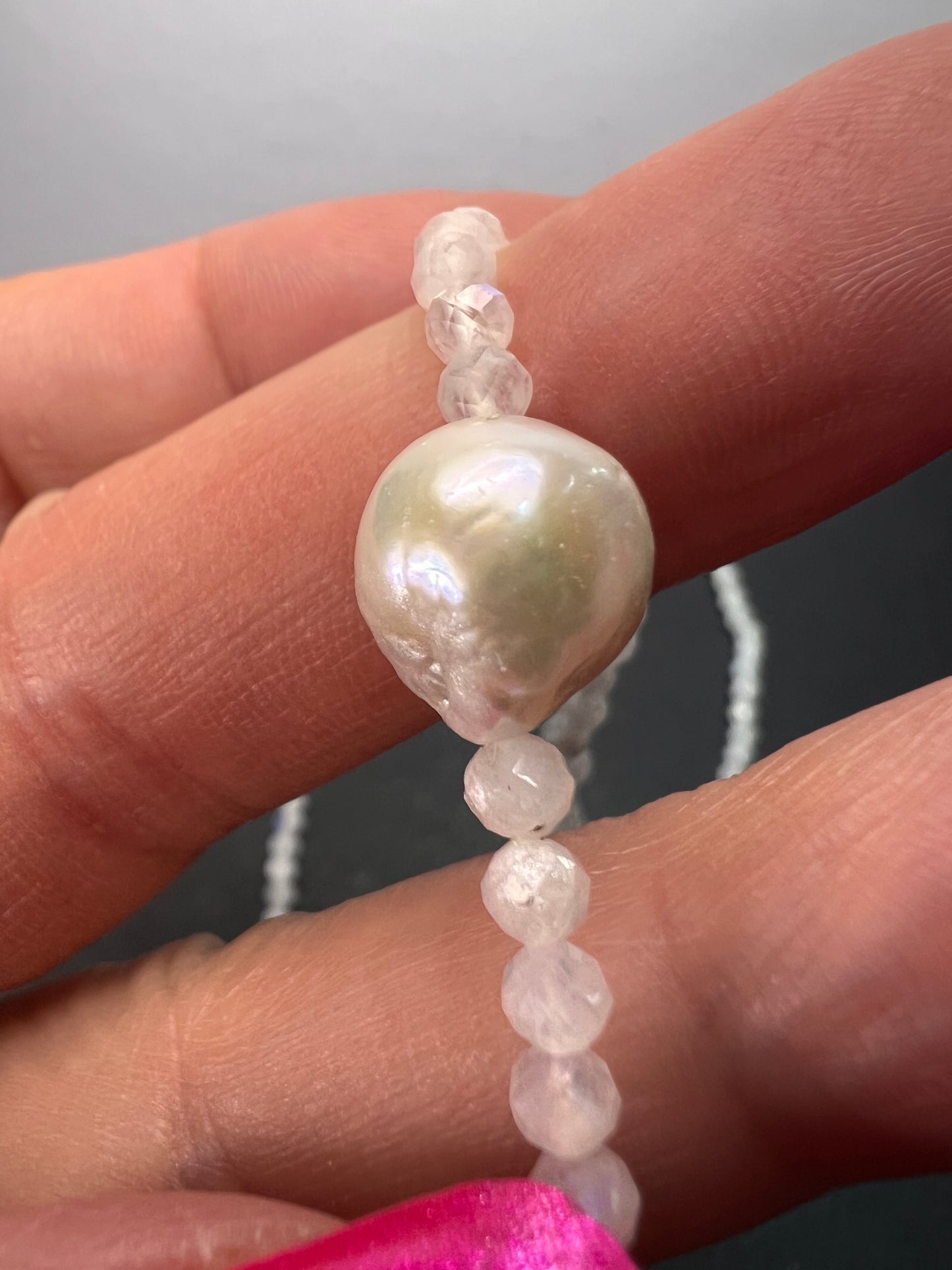 Rainbow moonstone and pearl necklace with sterling silver clasp