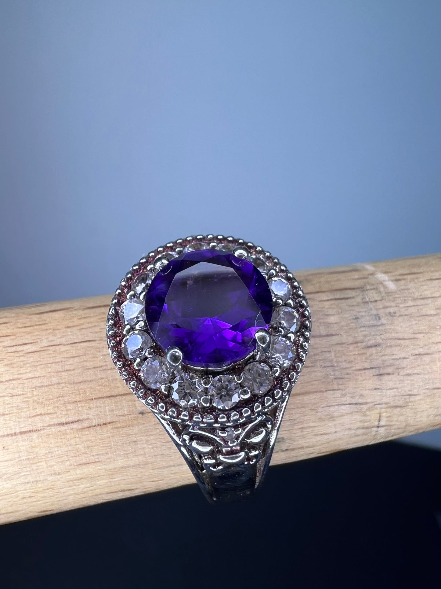 Amethyst and white spinel sterling silver halo ring size 9