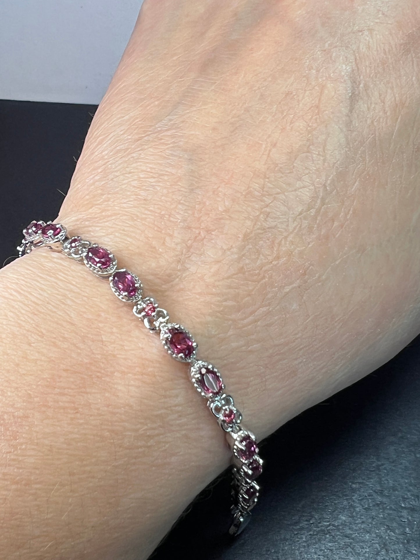 Grape rhodolite garnet and sterling silver and tennis bracelet