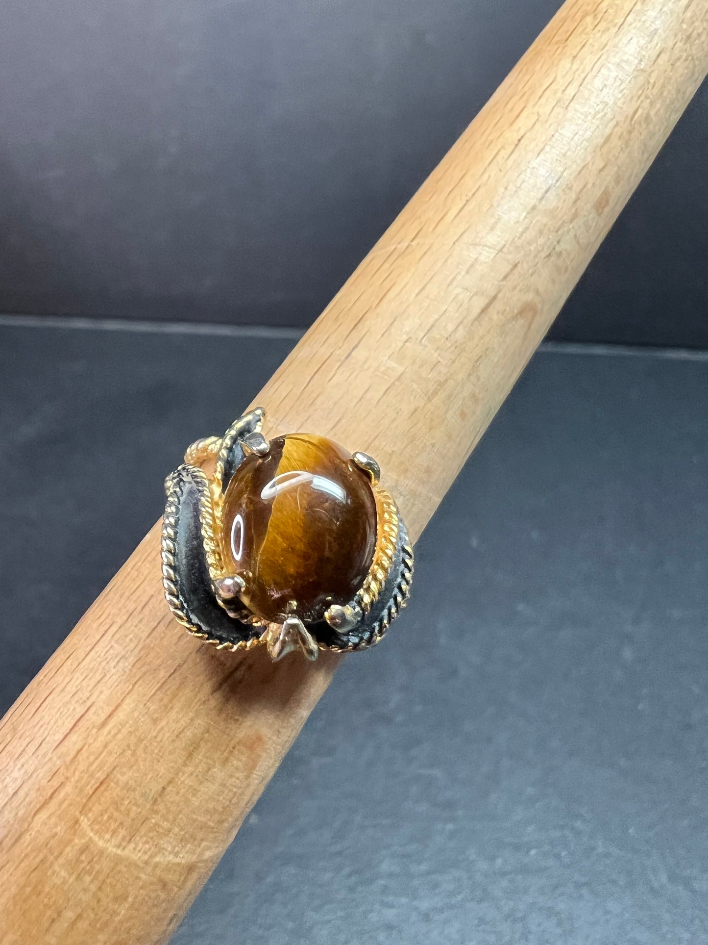 Vintage Espo Tiger’s Eye Ring Size 7.5 18K HGF Gold Filled Statement