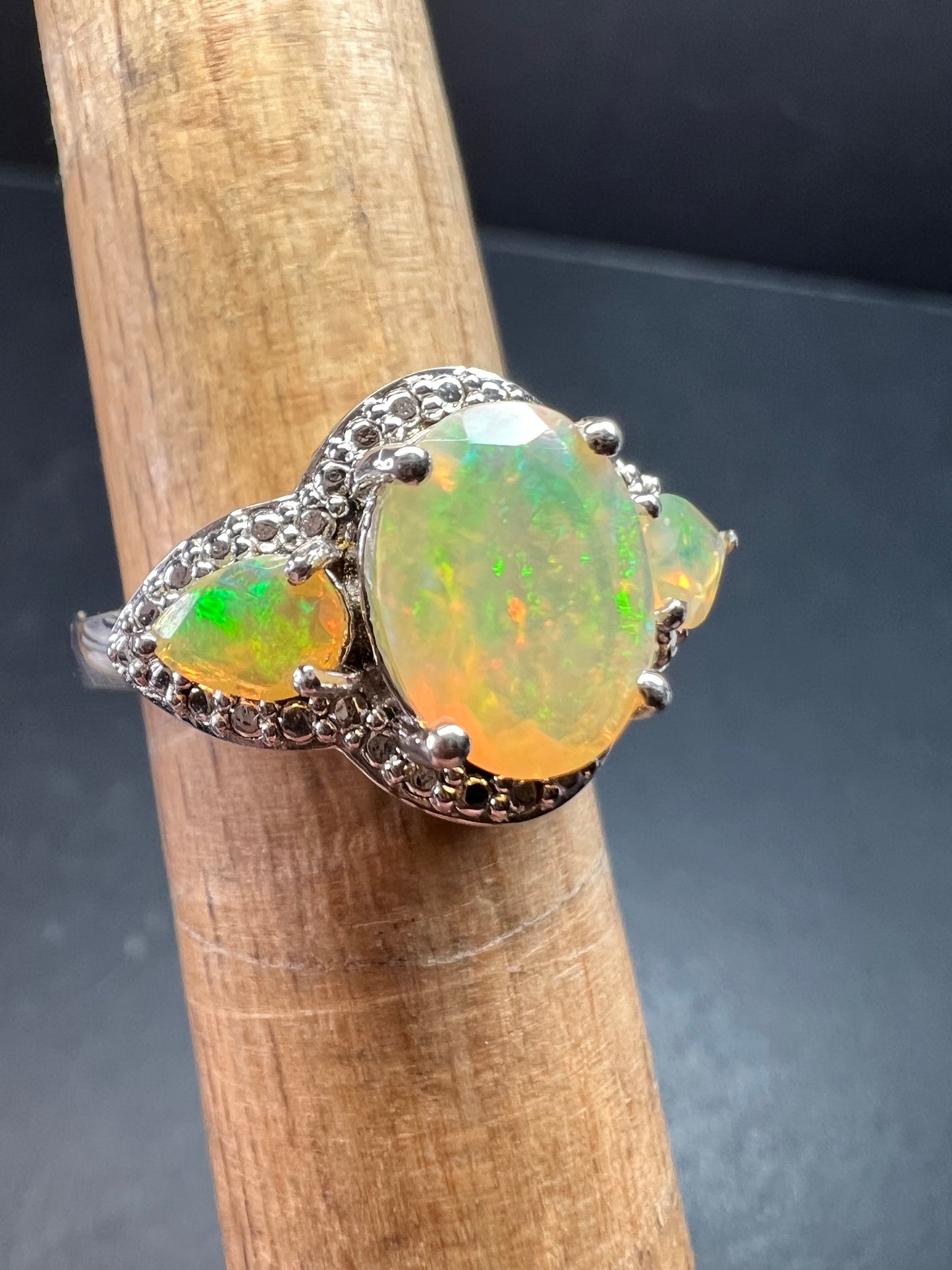 Ethiopian Opal Sterling Silver Halo Ring Size 6