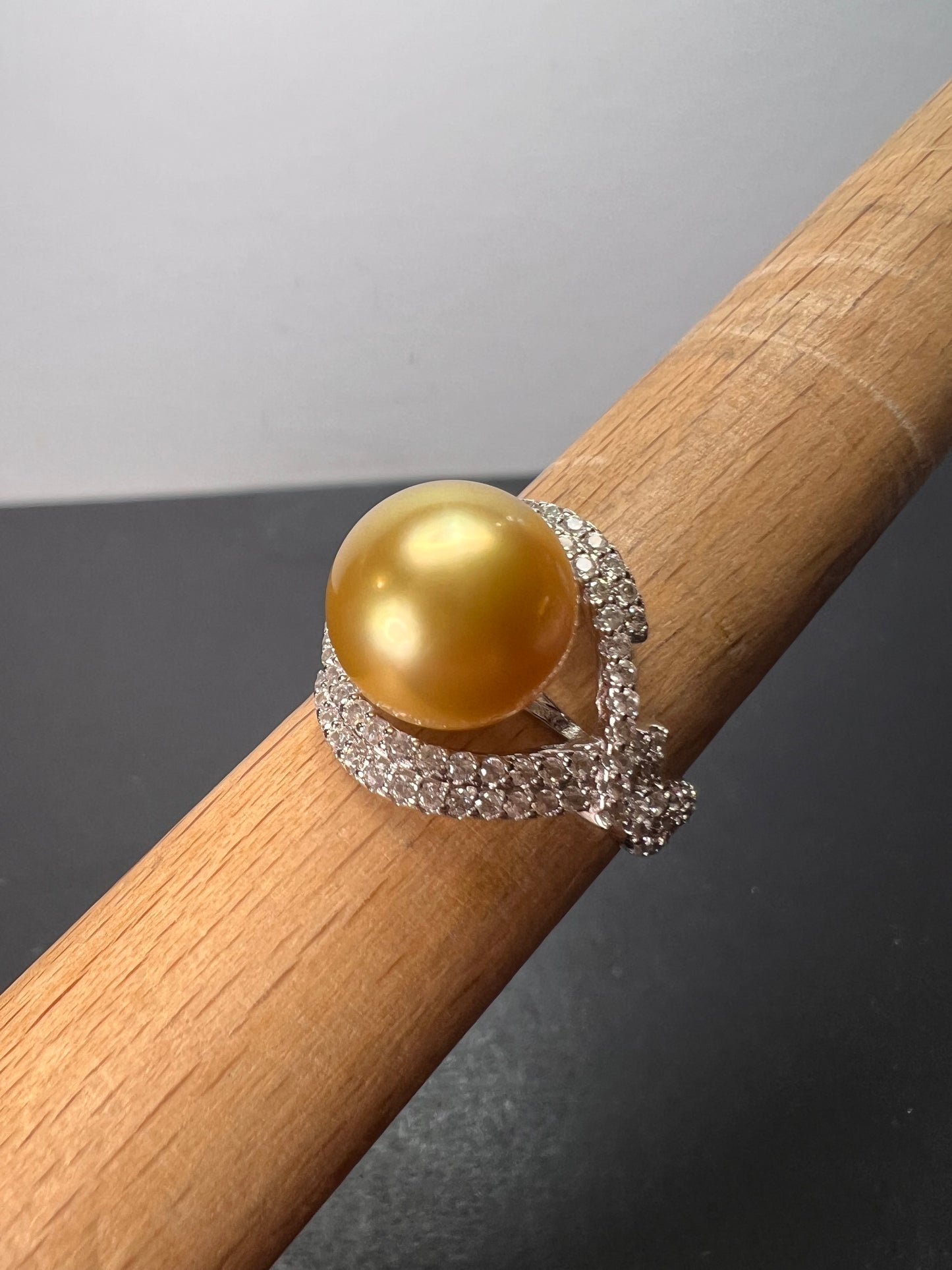 AAA1 Natural Color Deep Gold 11mm Golden South Sea Cultured Pearl and Zircon ring in rhodium over Sterling silver size 9