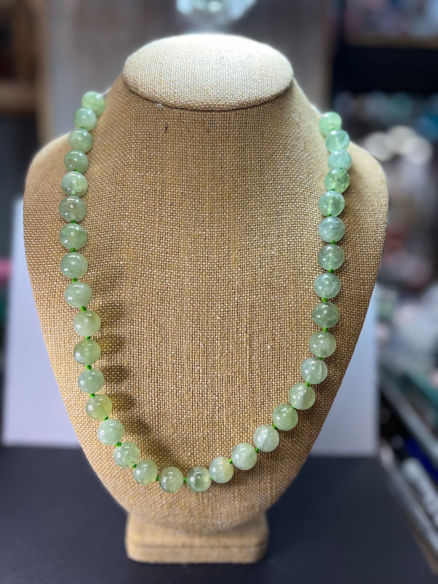 Prehnite knotted sterling silver bolo necklace