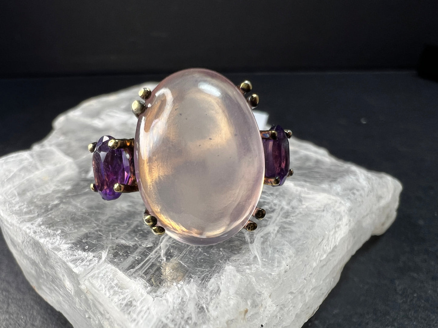 Rose Quartz & Amethyst Gold Plated 925 Ring Size 7 NWT
