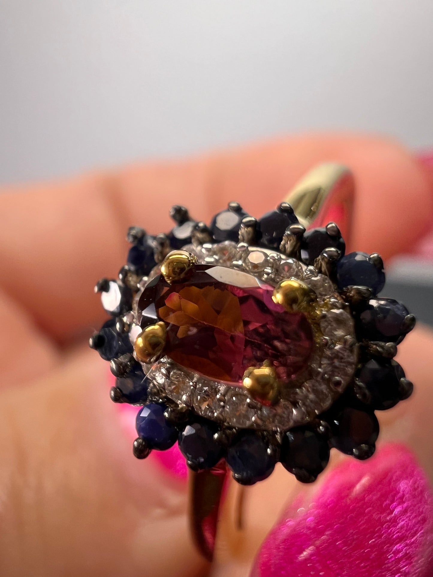 Ofiki rubellite and blue sapphire double halo ring in vermeil yellow gold over sterling silver size 8