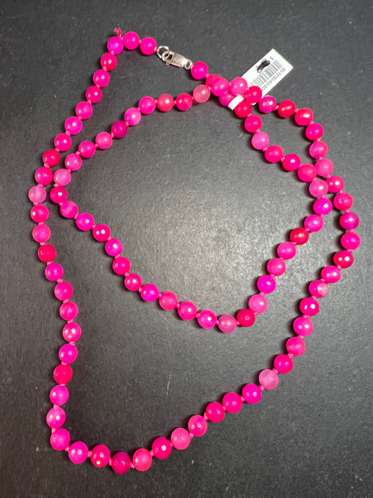 NEW fuchsia pink dyed agate 36 inch knotted bead necklace with sterling silver clasp