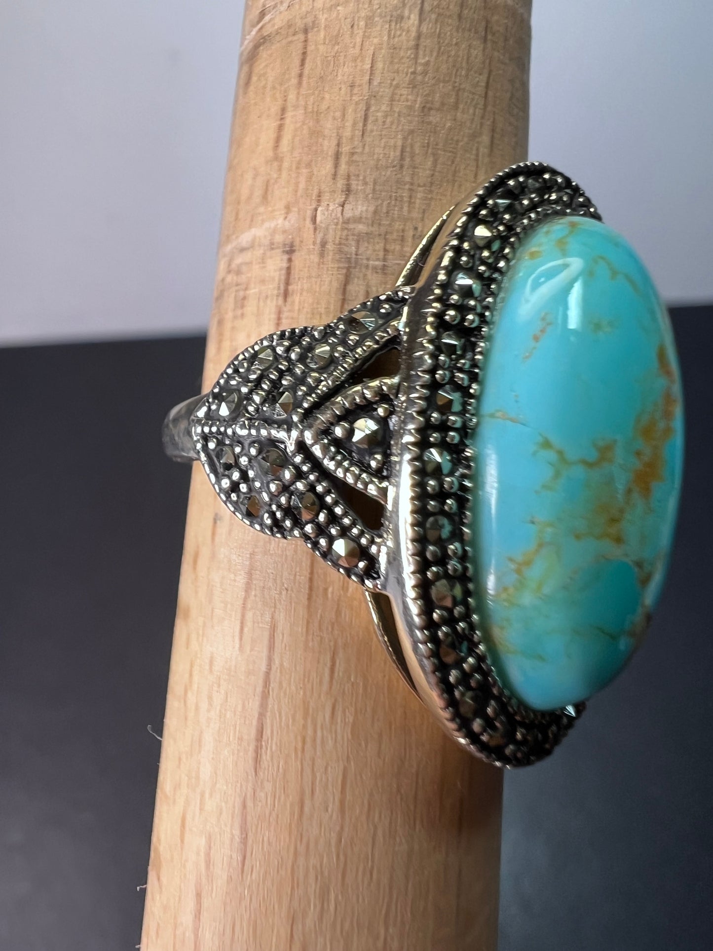 Turquoise composite sterling silver and marcasite ring size 9