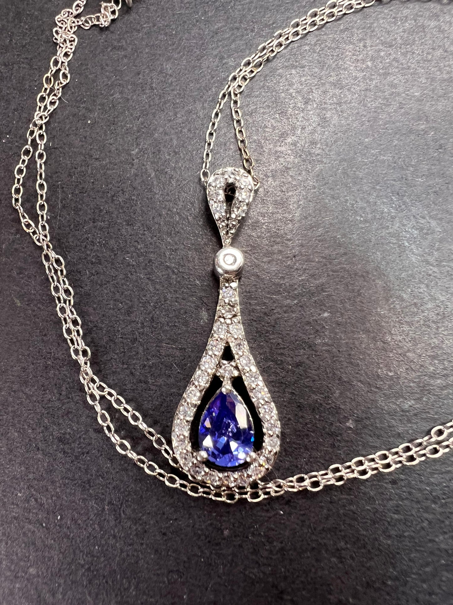 Tanzanite colored CZ teardrop pendant and chain necklace